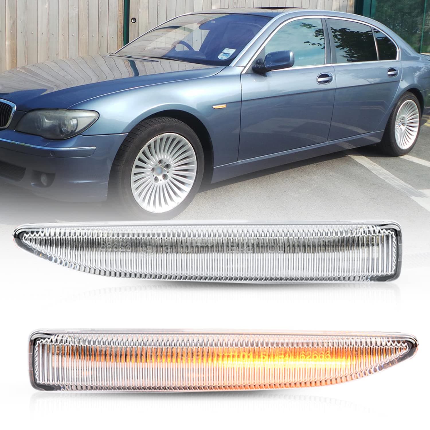 NSLUMO Sequential Amber LED Side Marker Lights for B'MW 7 Series 2002-2008 E65 E66 Sedan Front Fender Turn Signal Blinker Lamps OEM Replacement (Clear Lens)