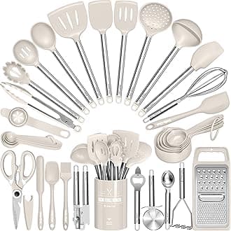 Kitchen Utensils Set-Umite Chef 34 Pcs Silicone Cooking Utensils Set for Nonstick Cookware-Silicone Spatulas Set, Stainless Steel Handle-Khaki Kitchen Gadgets Tools, Pots and Pans Accessories
