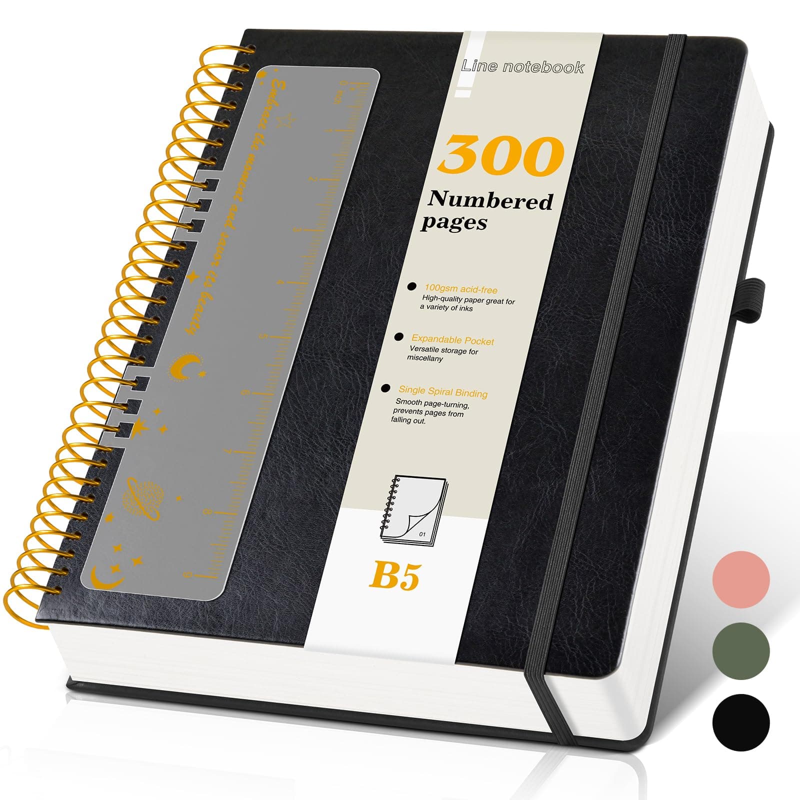 B5 Spiral Notebook Journal 7.6” x 10”, 300 Numbered Pages Hardcover Leather Journals for Women Men, Large Lined College Ruled Notebooks, 100GSM Thick Paper, Spiral Bound Journal for Work School, Black