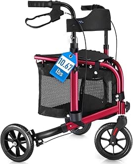 WALK MATE 3 Wheel Rollator Walker with Seat for Slim Seniors, Padded Backrest Lightweight Foldable Travel Walker Ideal for Elderly, 8 Inch Tri-Wheel Modern Mobility Walking Aid Aluminum, Red