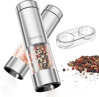 CIRCLE JOY Electric Salt and Pepper Grinder Set Battery Operated Stainless Steel Spice Mills with Base, Washable 95ml Transparent Container, White LED Light and Adjustable Coarseness, Silver