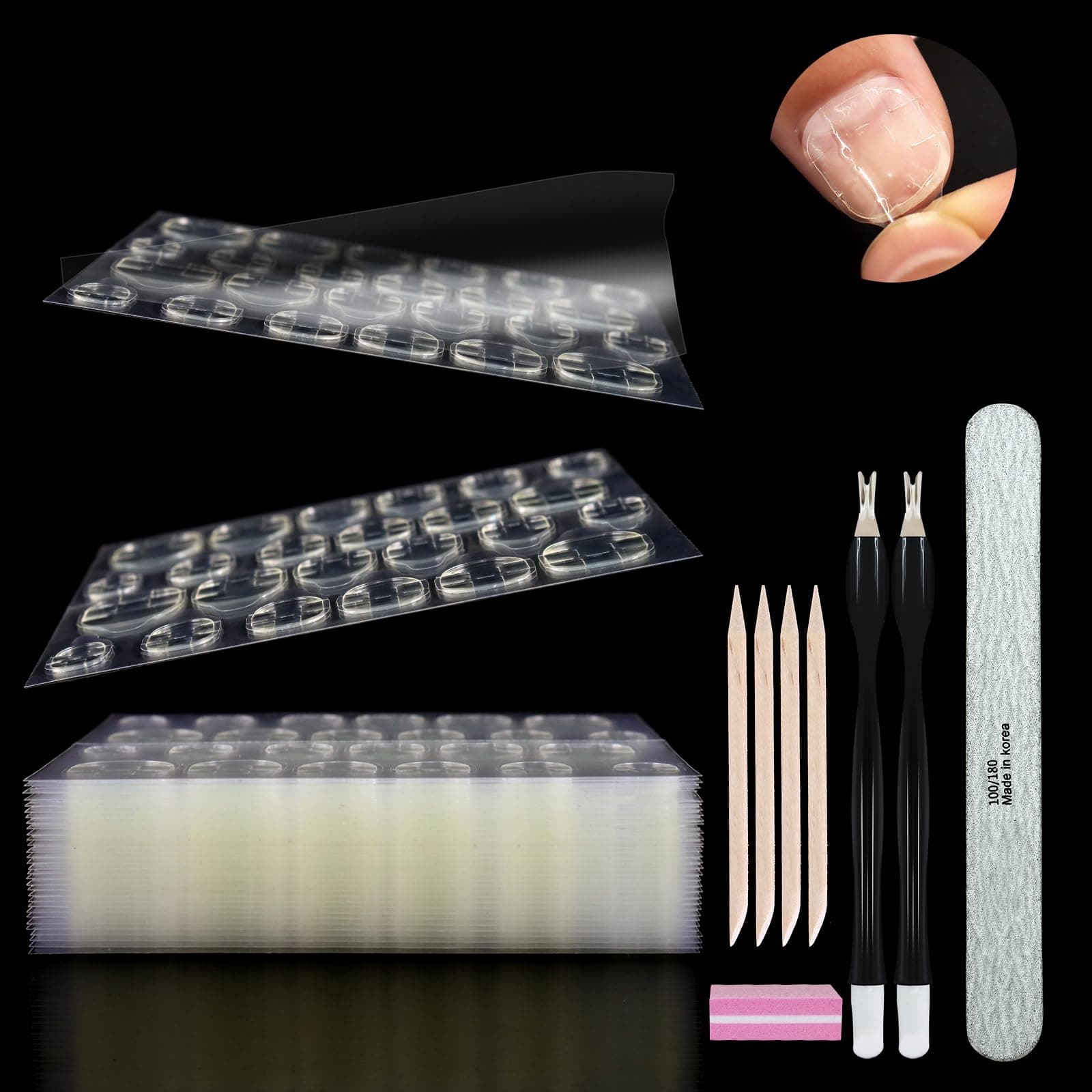 Allstarry720pcs (30 Sheets) Tabs Waterproof Breathable Glue Tabs Double-Sided Nail Jelly Sticker & Nail File Mini Sponge Files Orange Wood Nail Sticks Cuticle Trimmer for Manicure, False Nail Tips