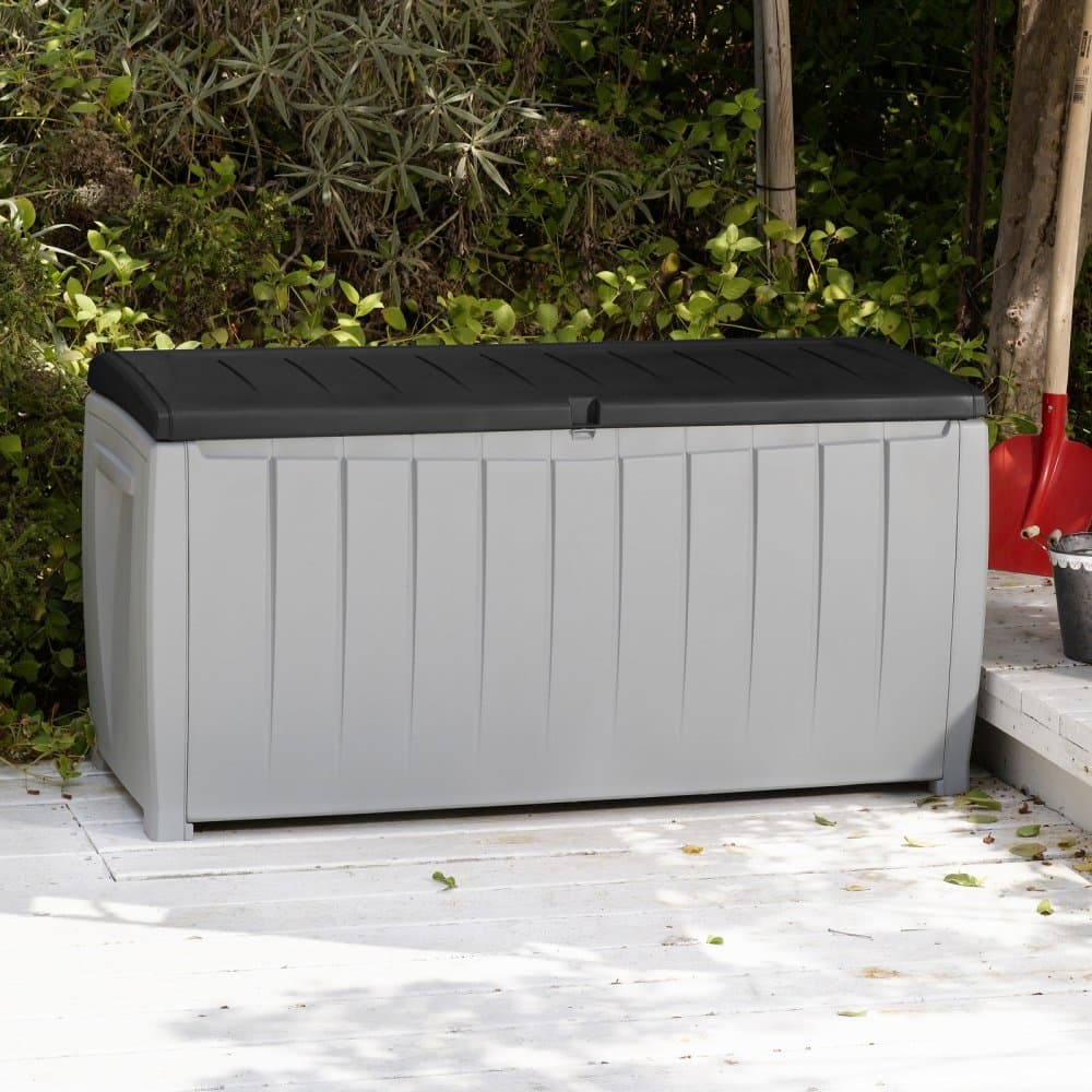 Keynote Solid Resin Plastic Weather Water Resistant Two-Tone Gray/Black 90-Gallon Outdoor Deck Storage Box Bench Seat- Durable Chip Resistant Deep Storage Compartment- Easy Lift Lid- Deck Pool