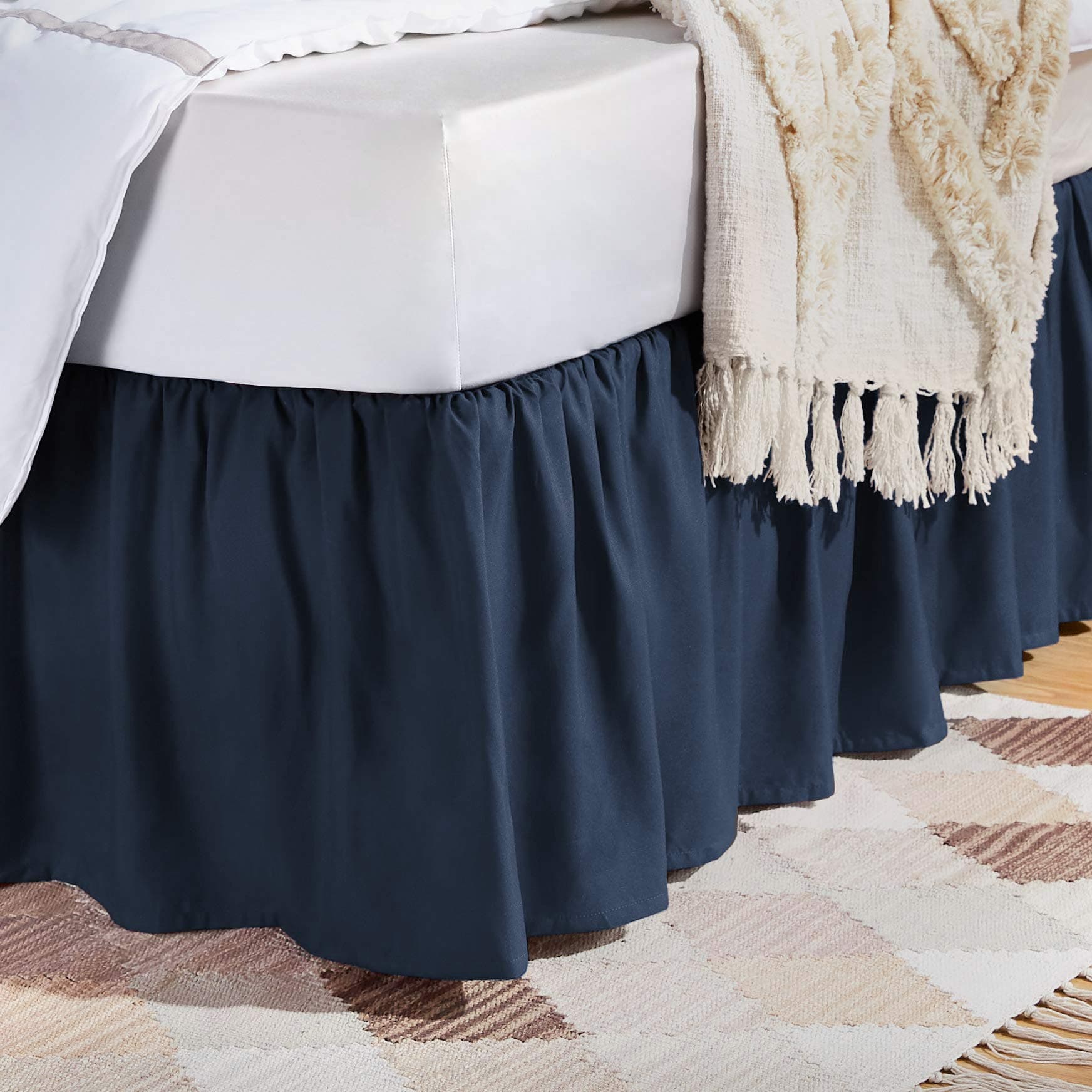 Amazon Basics Lightweight Ruffled Bed Skirt, Classic Style, Machine Washable, Fade and Wrinkle Resistant, 100% Microfiber with 16" Drop, Queen, Navy Blue