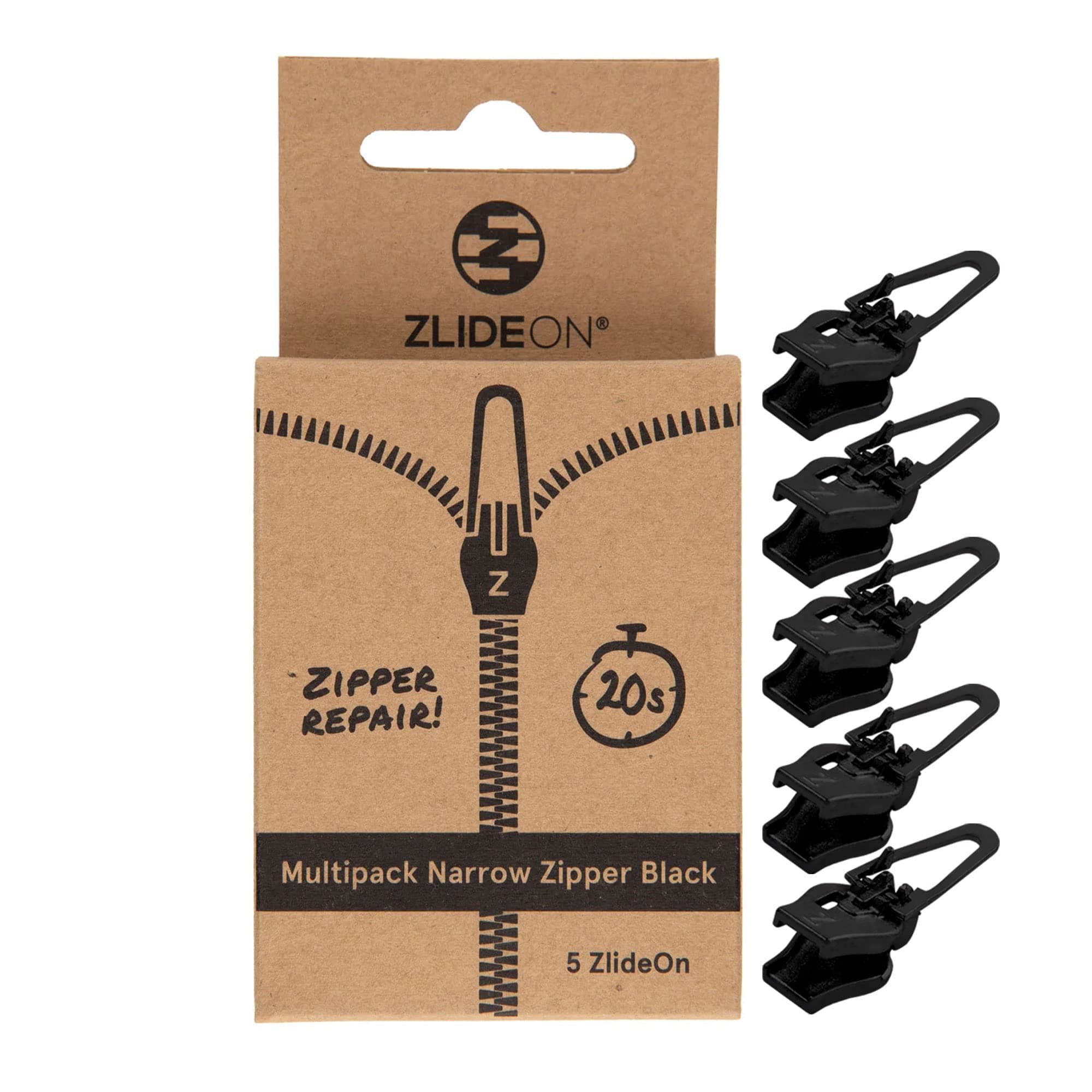 ZlideOn Zipper Pull Replacement - 5pcs, Black, Narrow - Instant Zipper Replacement Slider Multipack