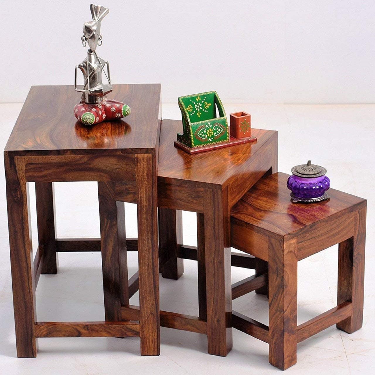 Jangid Handicraft Solid Sheesham Wood Nesting Table for Living Room | Wooden Nesting Tables Set of 3 Stools for Decor | Side Table Set & Stool Furniture for Office & Garden | Walnut Finish
