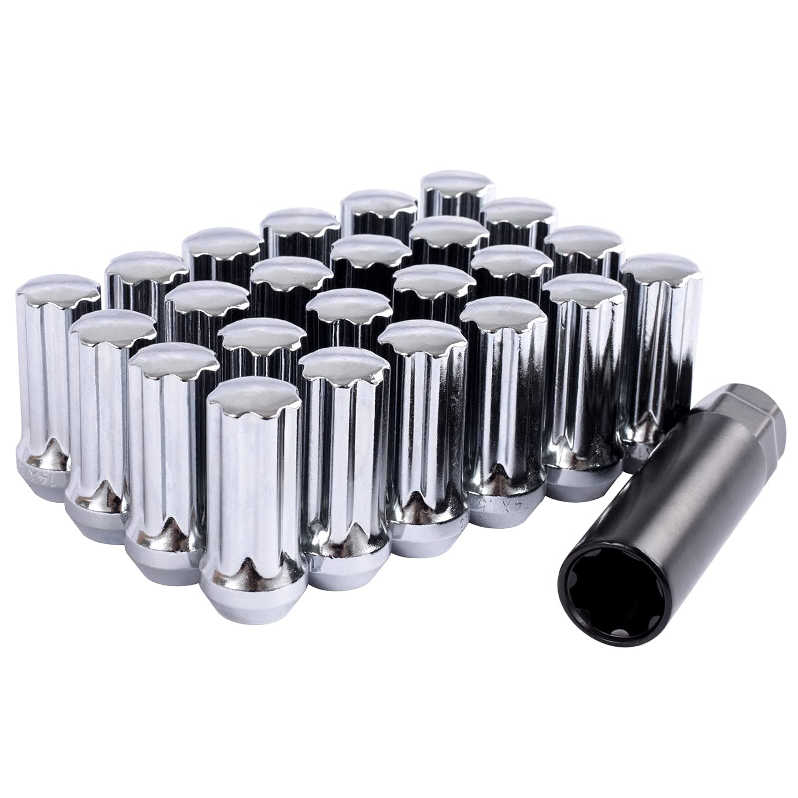 DCVAMOUS 24 PC 14x1.5 Lug Nuts Chrome 7-Spline Compatible with Chevy GMC Aftermarket Wheels - M14x1.5 Closed End Lugnuts 2" Tall Cone Seat with Key for Sierra Silverado 1500 Suburban Yukon Escalade