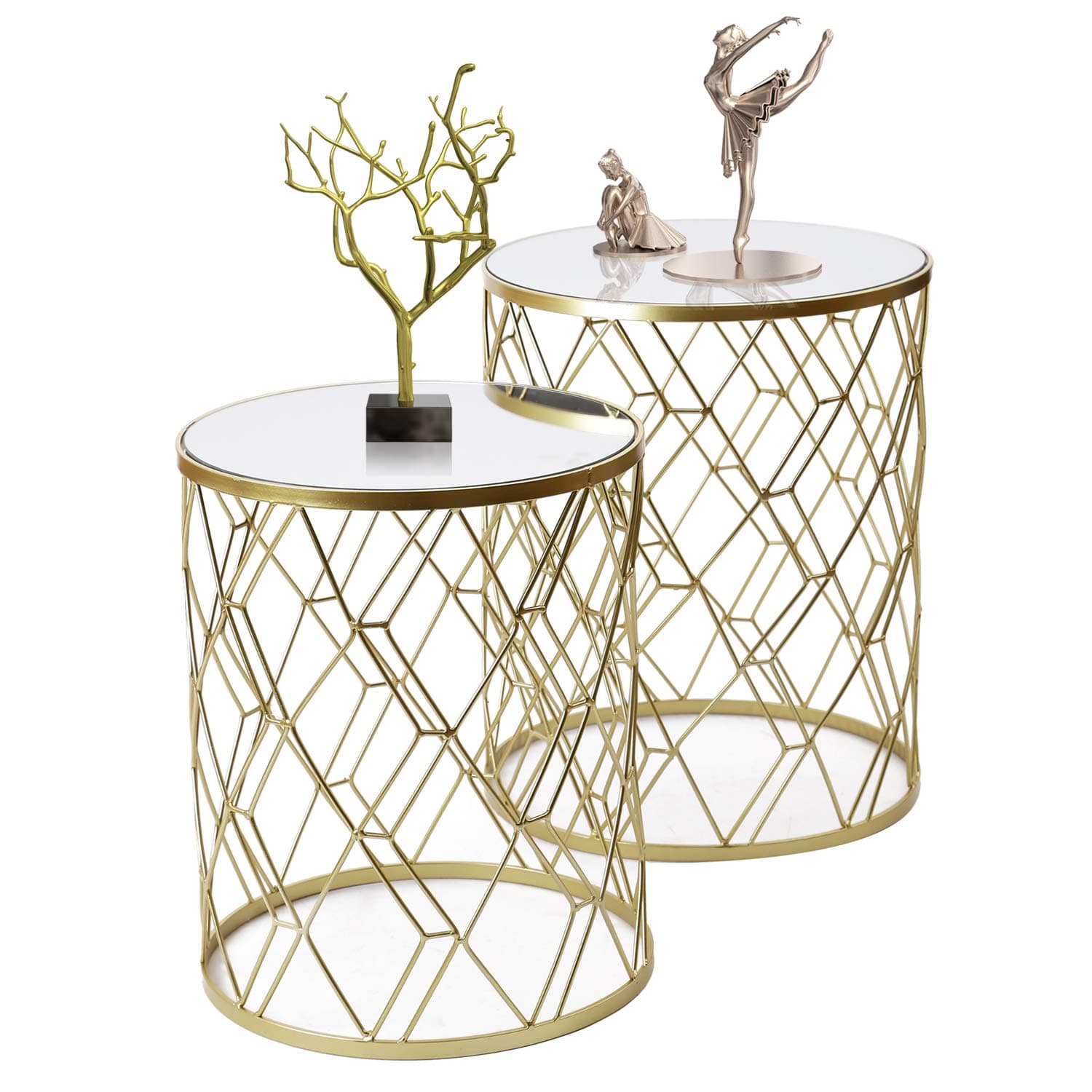 Joveco 2 Pieces Side Table Creative Metal Frame with Glass End Table (White Top)