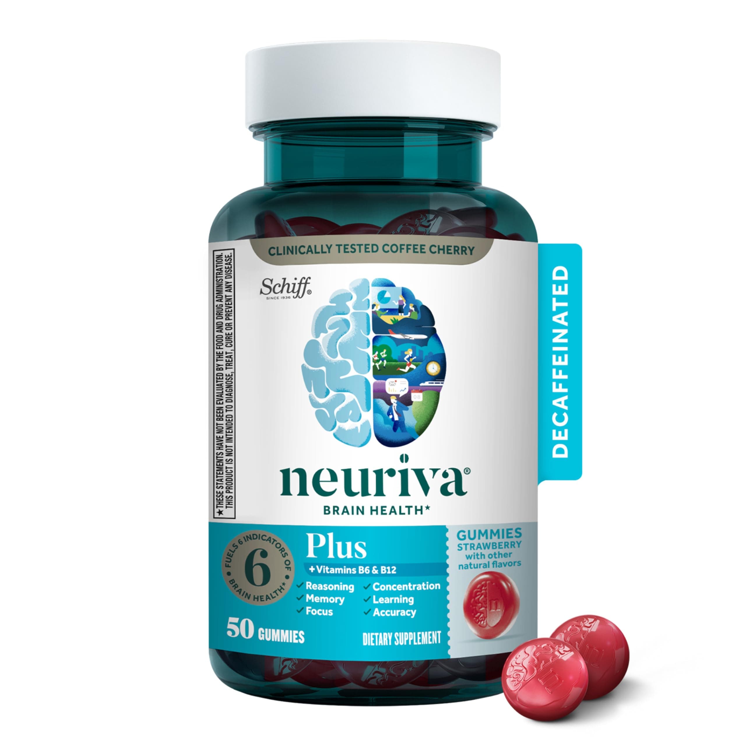 NEURIVA Plus Brain Supplement For Memory, Focus & Concentration + Cognative Function with Vitamins B6 & B12 and Clinically Tested Nootropics Phosphatidylserine and Neurofactor, 50ct Strawberry Gummies