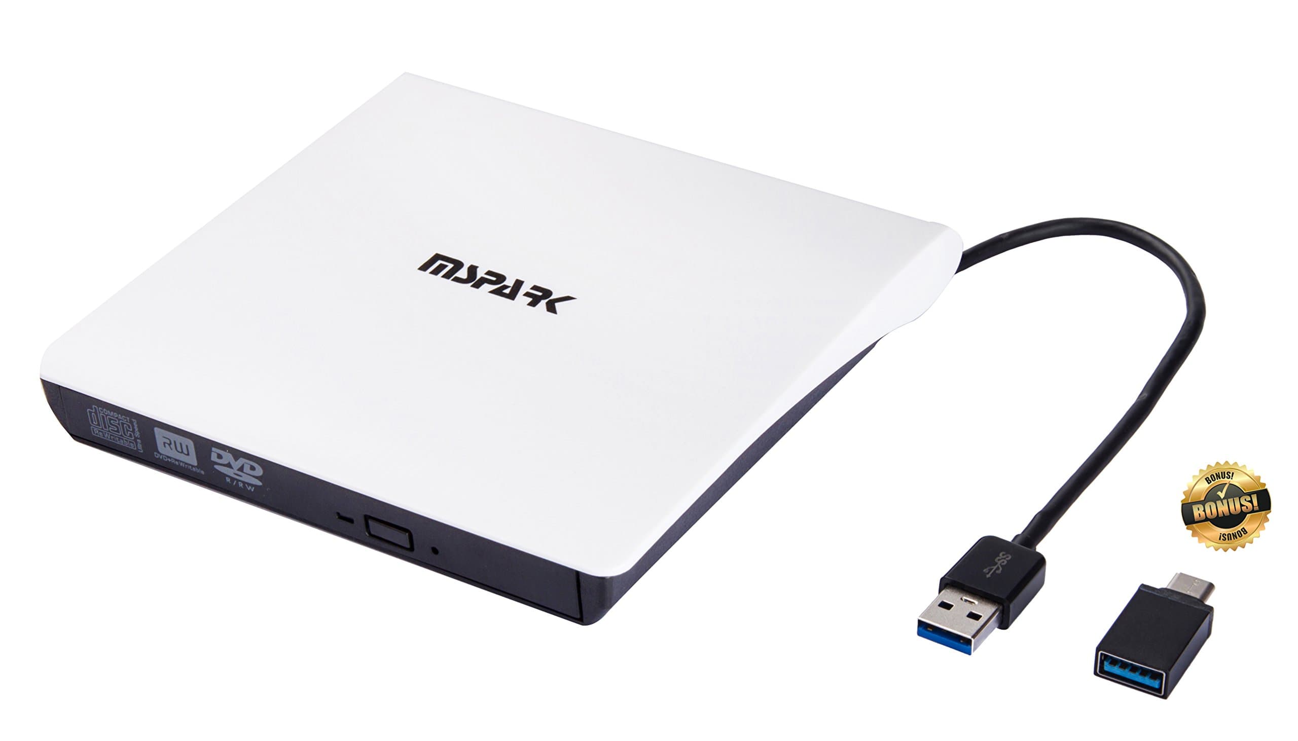 MSPARK External USB 3.0 DVD CD-RW Drive Writer Burner DVD Player for MAC Macbook Air Pro Windows Linux Laptop PC White with Type-C Adapter