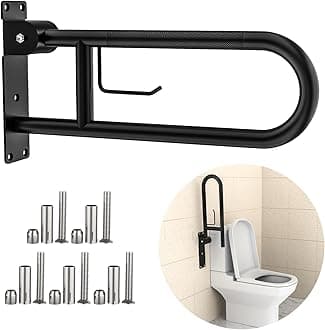 Toilet Grab Bar 22.4 Inch, YuanDe Flip Up Grab Bar with Paper Holder, Matte Black Anti-Slip Safety Bars for Toilet, Stainless Steel Knurled Toilet Handles for Seniors Disabled Elderly Pregnant