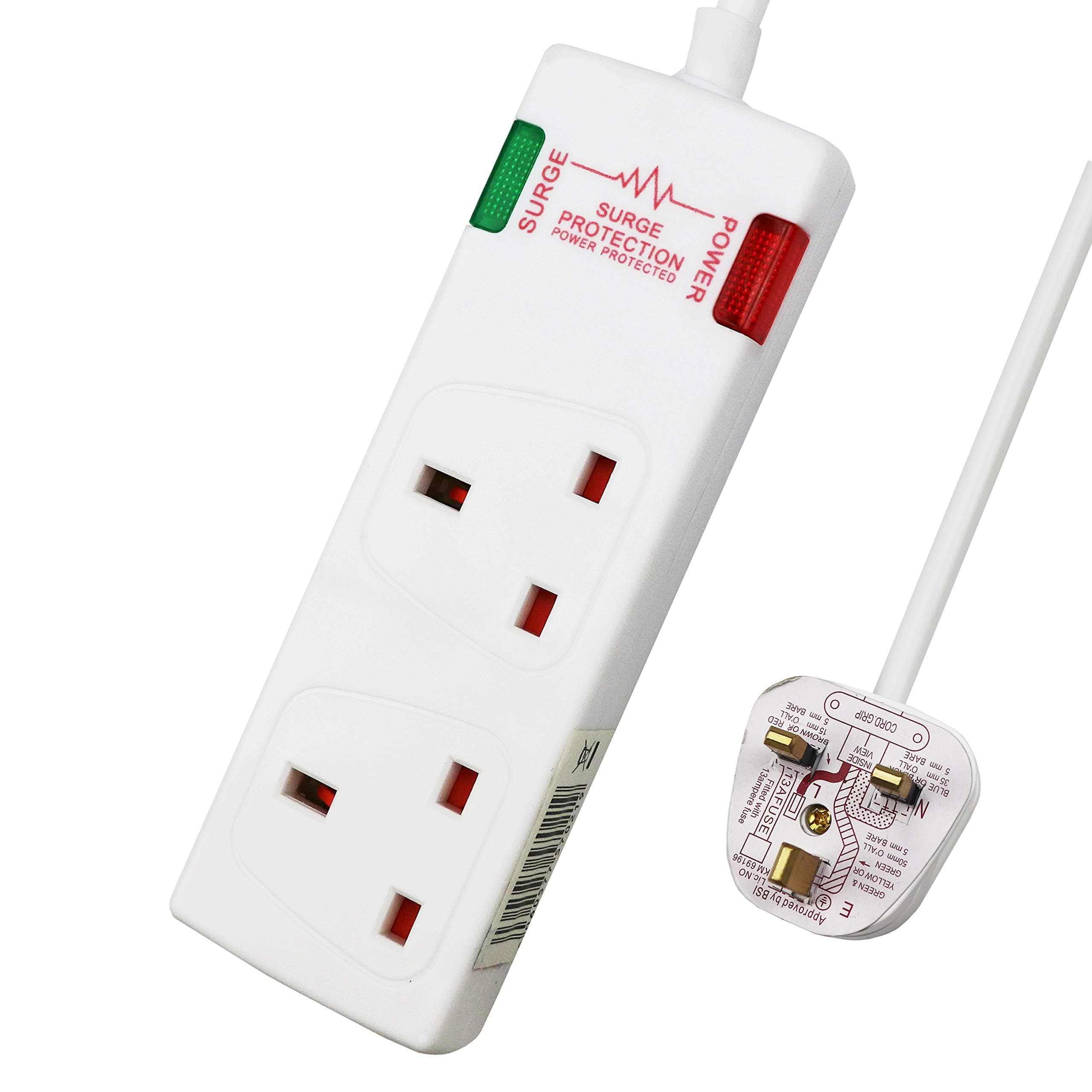 ExtraStar 2 Way Double Socket Power Mains Extension Lead 1M Metre Cable - Surge Protected British Approved 13A - White
