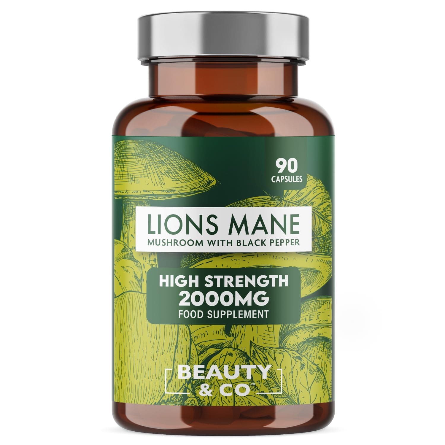 Lions Mane 2000mg with Black Pepper, 90 Capsules - 3 Months Supply of High Strength Lions Mane from Beauty & Co Brand, Vegan, Made in The UK.