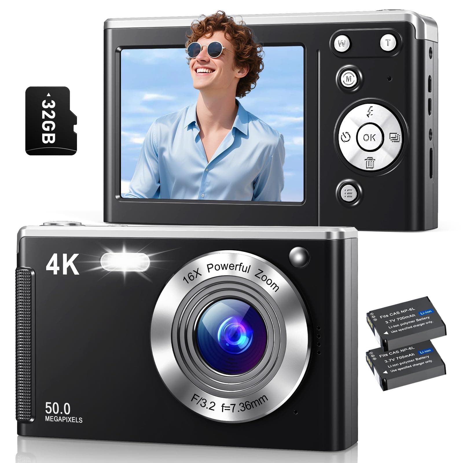 Rovemre 4K Digital Camera, 50MP UHD Vlogging Camera for YouTube, Compact with 16X Digital Zoom, Anti-Shake, Travel with 32GB Card, 2 Batteries, Black