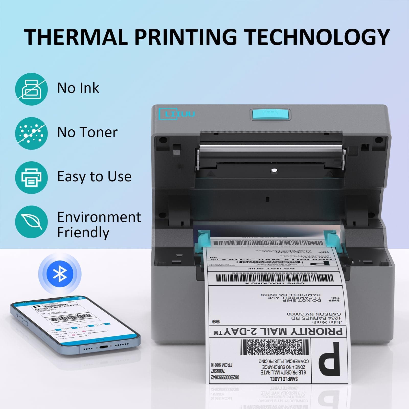 LIIUU Thermal Shipping Label Printer Bluetooth, 4x6 Label Printer for Shipping Packages, Support iOS, iPhone, iPad, Android, Mac, Windows, Widely Used for Amazon, UPS, USPS, Ebay, Etsy