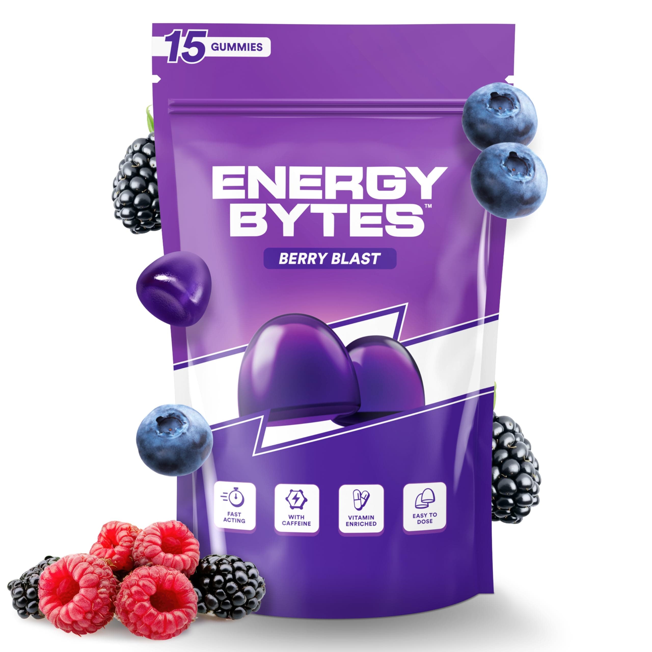 Energy Bytes Caffeine Energy Gummies - Fast, Delicious Boost for Focus & Productivity - Superior to Energy Drinks, Gels, Chews - Vegan, Low Sugar, with Vitamins A, D, B3, B6 & B12 | 15 Count