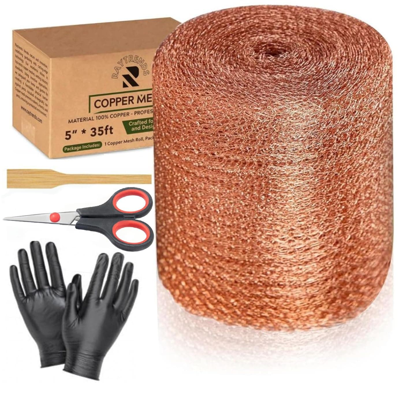 Copper Mesh Rodent Control Kit, 5 Inch x 35ft Rustproof Copper Wool Blend, DIY Hole Filler, Complete with Precision Scissors and Packing Tool for Mice & Rodent Defense