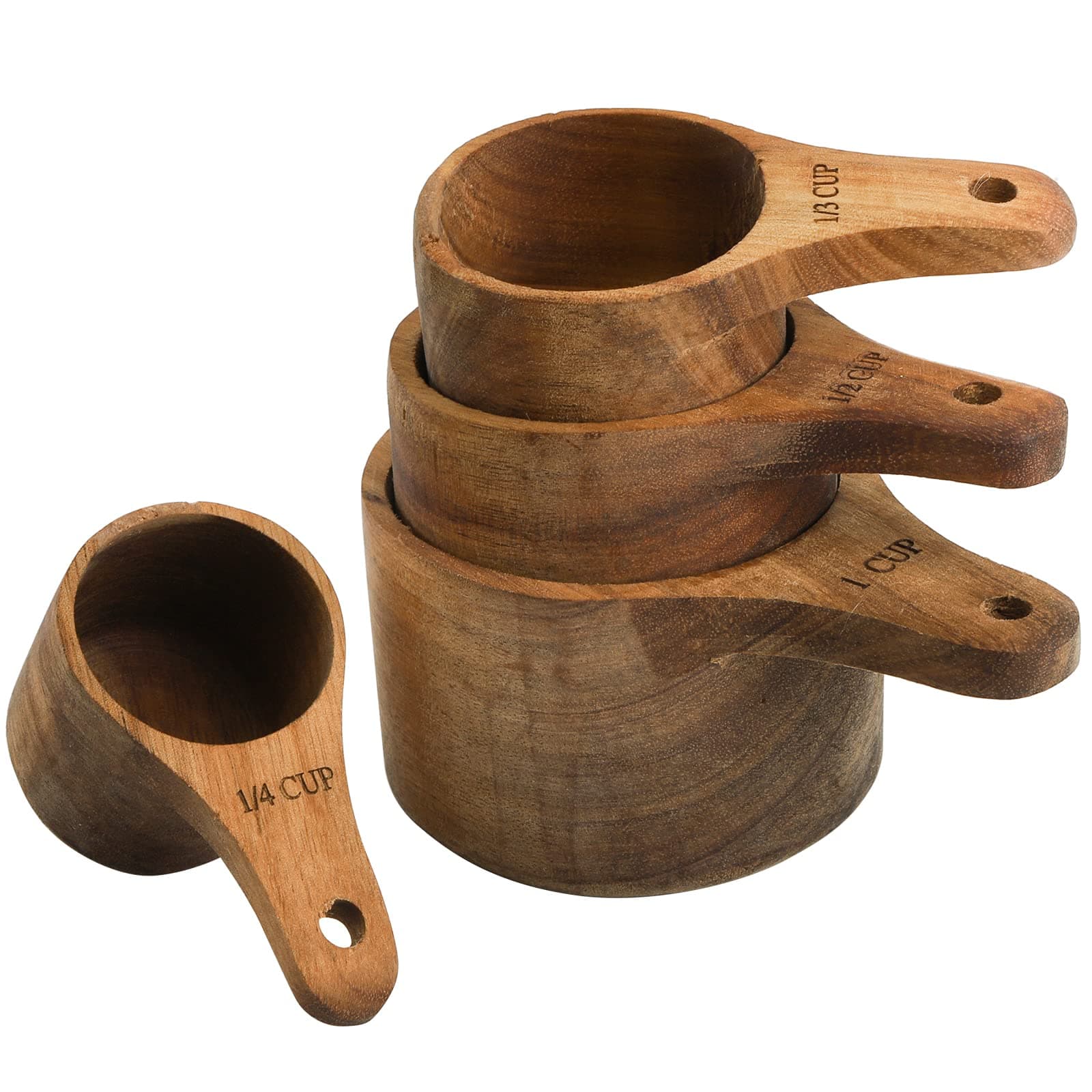 Set of 4 Acacia Wood Measuring Cups, Stackable Kitchen Measure Tool with Handle, Baking and Cooking Measuring Set, Handcrafted with Polish Finish, 4 Size