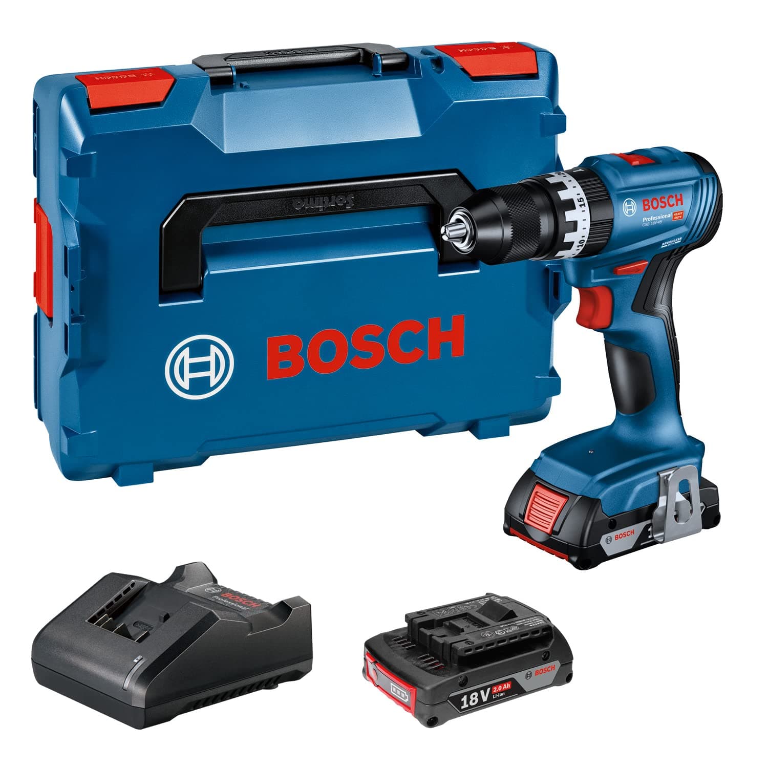 18V System Cordless Impact Drill Driver GSB 18V-45 (rotational Speed of 1,900 RPM, incl. 2X GBA 2.0Ah Batteries, Charger GAL 18V-20, L-BOXX)