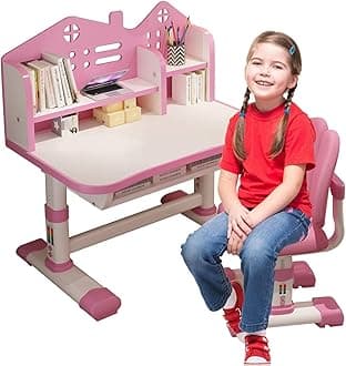 Kids' Table & Chair Set, Desk with Large Storage Drawer & Bookshelf, Height Adjustable (Pink)