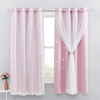 NICETOWN Blackout Pink Curtains - Stars Cut Out for Kids Nursery, Girls Room, Thermal Drapery with Eyelet, 2 Panels, W52 x L72 Inch (132x183 cm), Pink
