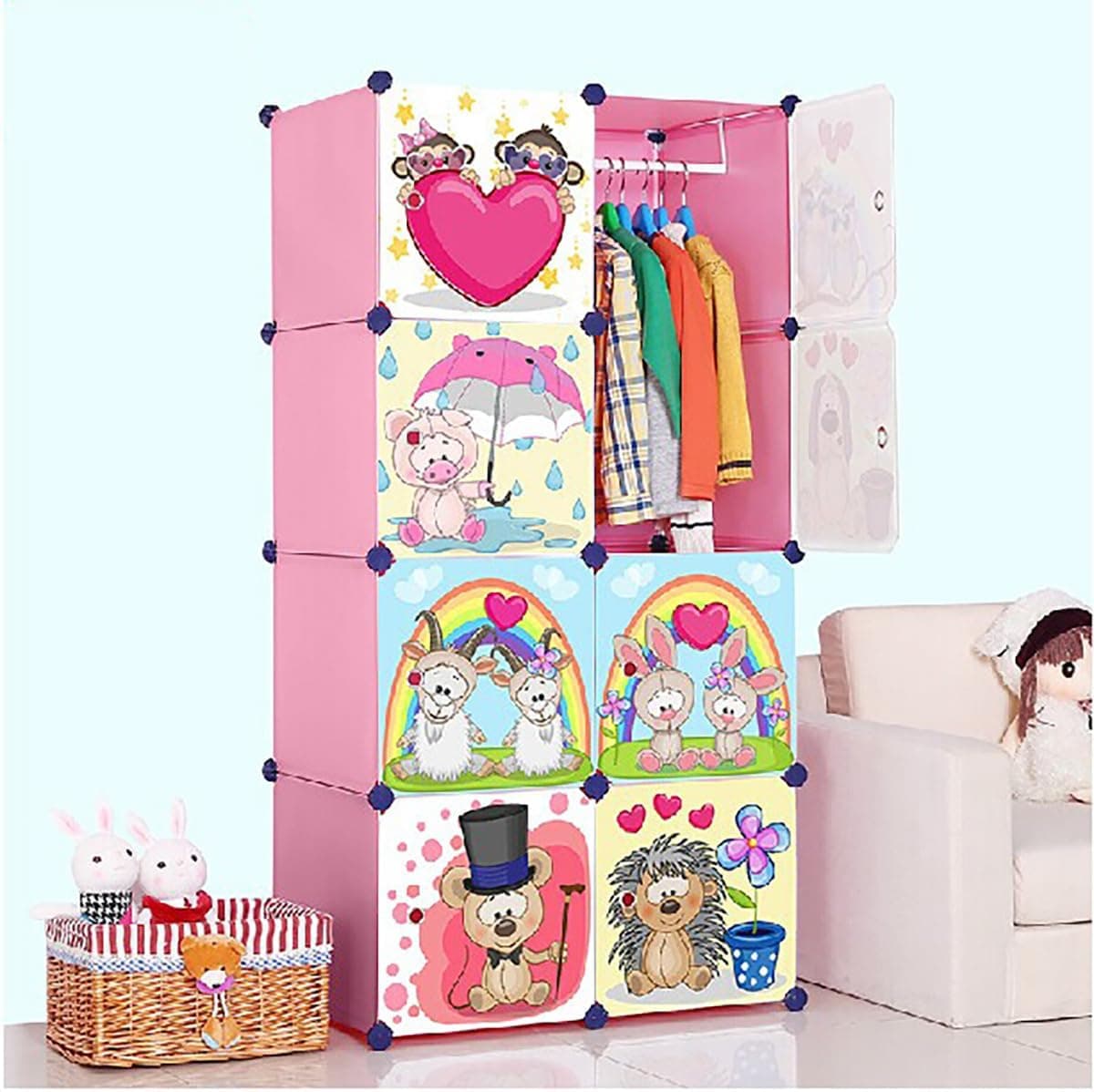 Plastic Rack for Storage, Kids Foldable Wardrobe for Clothes, Collapsible Wardrobe, Kitchen Cupboard, Clothes Storage Wardrobe, Cupboard for Clothes Plastic (GT Pink, 8-SHELF-8-DOOR)