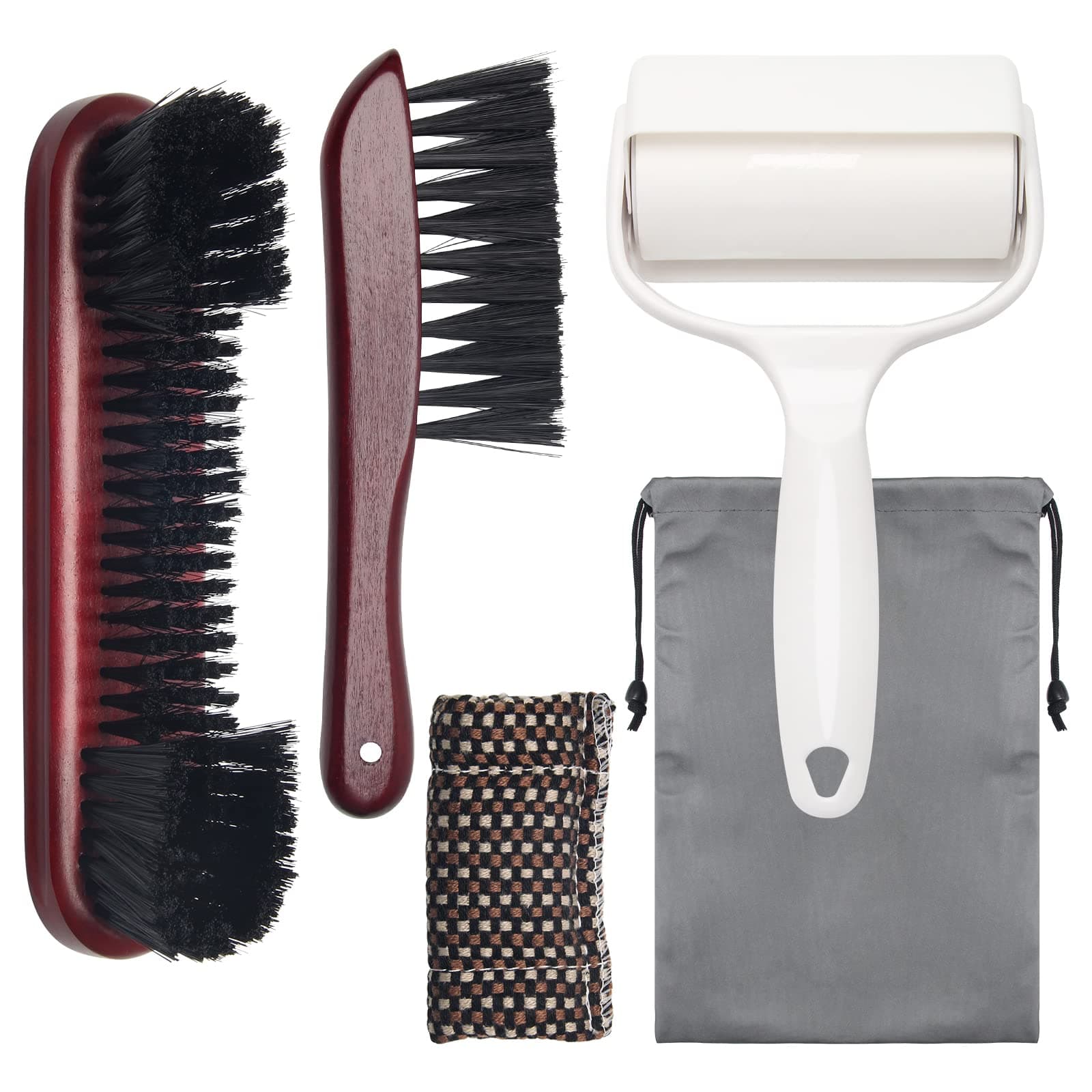 4+1 Pool Table Brush Set, Wood Billiards Pool Table and Rail Brush/Sticky Lint Roller/Cue Cleaning Cloth/Bag for Billiard Table Cleaning