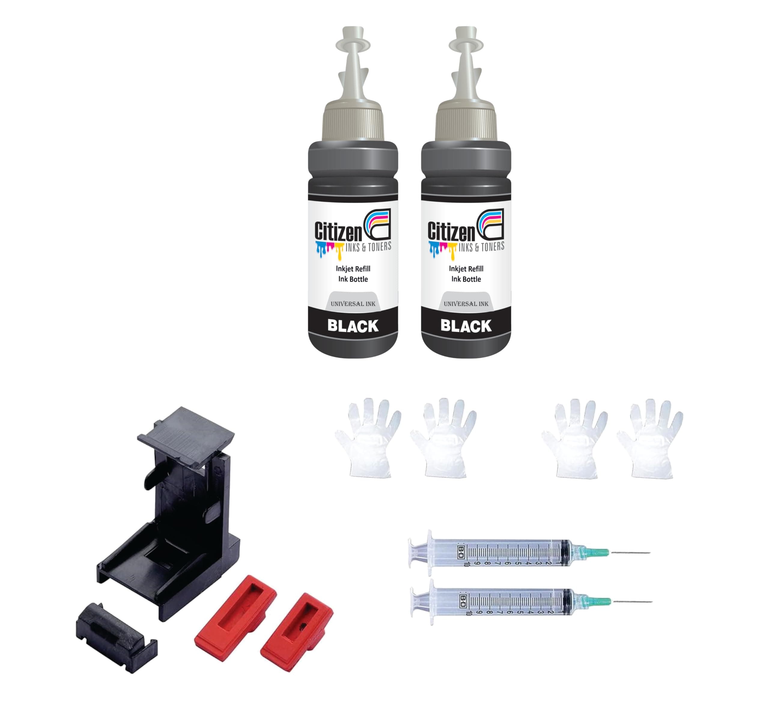 Refill Kit with Suction Tool Combo Pack of High Yield Inkjet Cartridge Ink Refill Compatible for HP and Canon Cartridge Printers - 100ml Per Bottle (2 bk 2 Syringe 1 Suction Tools)