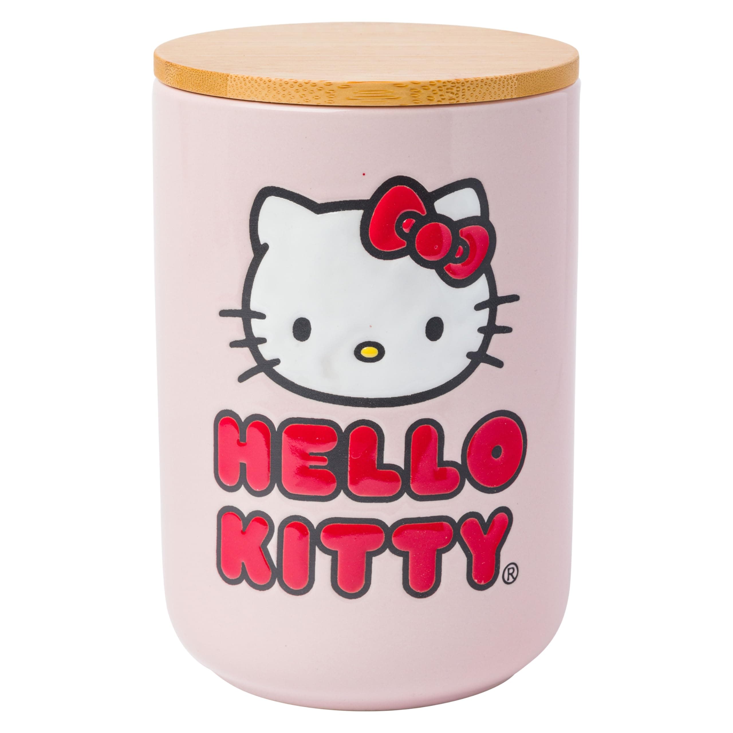 Sanrio Hello Kitty Wax Resist Ceramic Cookie Snack Jar Container with Airtight Bamboo Lid, Pink (Small)