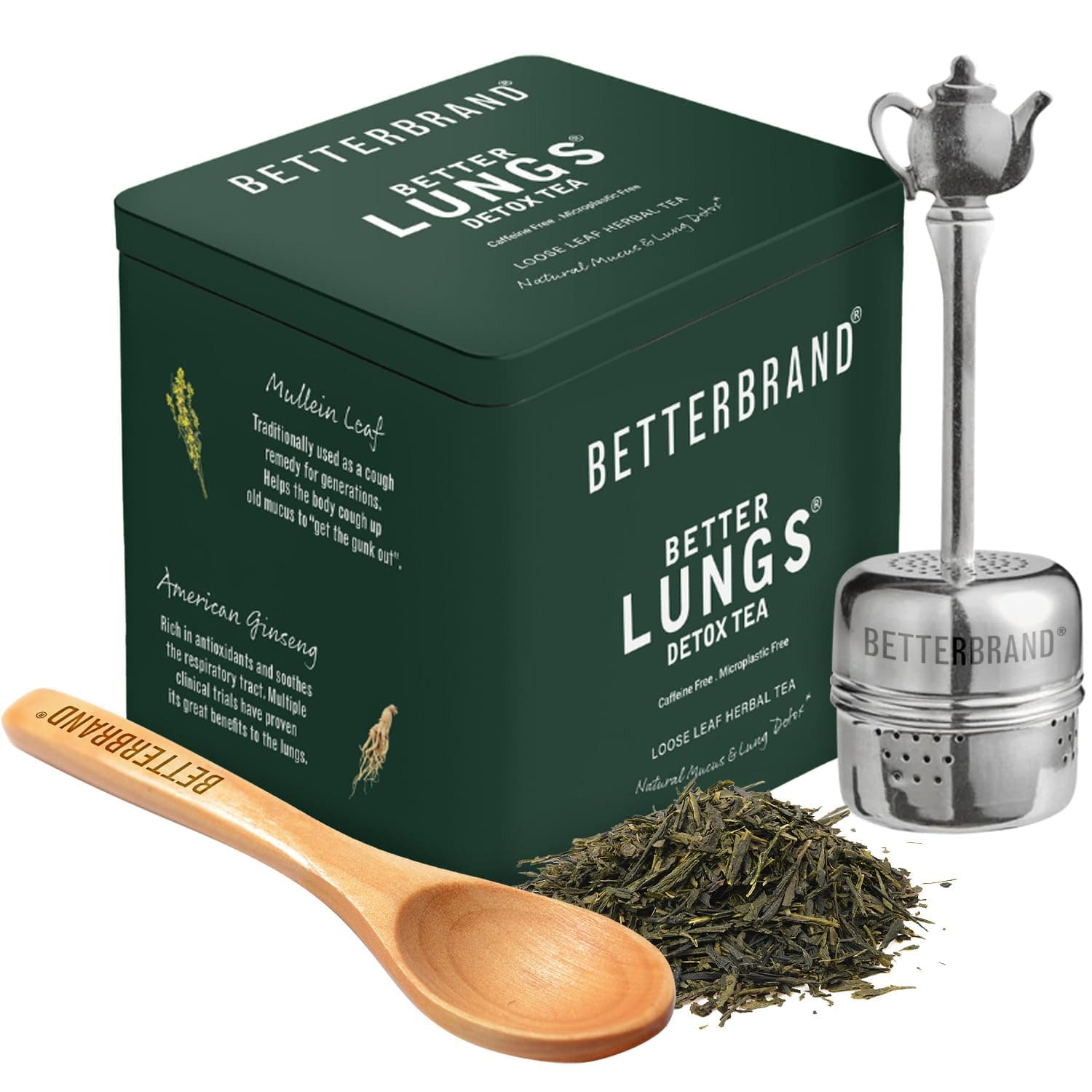 Betterbrand BetterLungs Mullein Lung Support Tea - 30 Loose Leaf Servings - Ginseng, Elderberry, Ginger & Thyme for Lung Cleanse, Congestion Relief, Mucus Detox - Caffeine Free