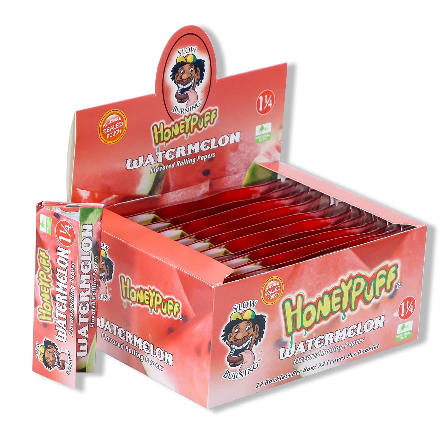 Honeypuff Flavored Rolling Papers, 12 Packs Unbleached Papers Slow Burning | 1 1/4 Size | 32 Count | Watermelon