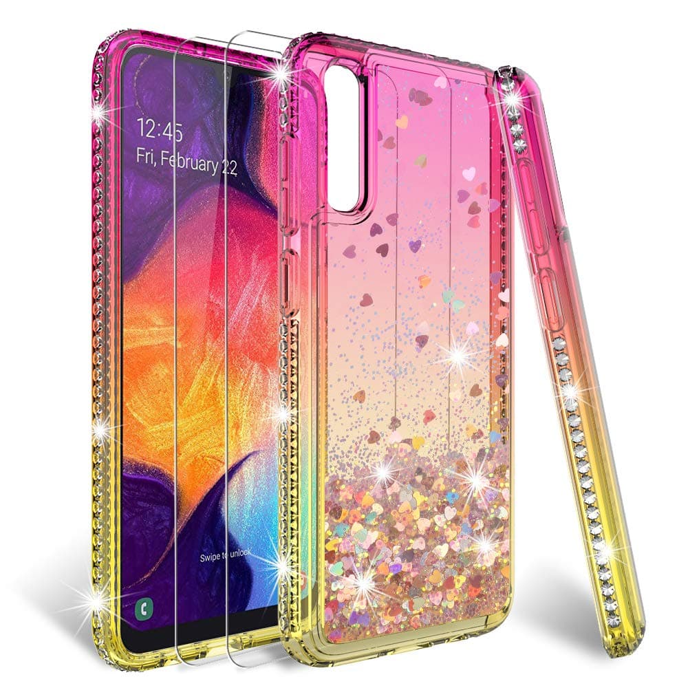 HATOSHI Samsung Galaxy A50 Case with Screen Protector Tempered Glass 2 Pack for Girls Women, Liquid Glitter Quicksand Sparkle Bling Clear Cute Protective Phone Case Cover -Pink, Gold