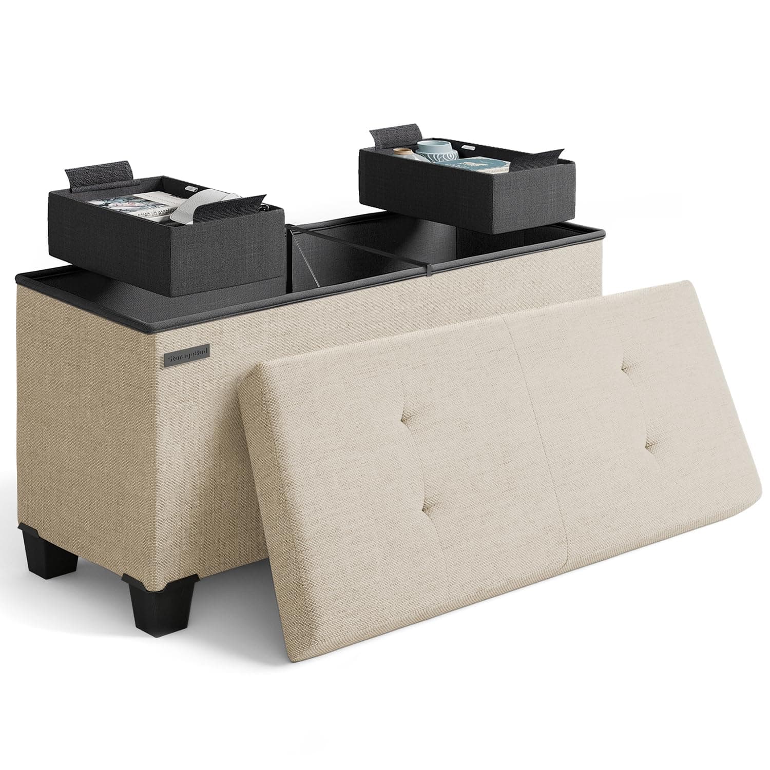 Storage Ottoman Bench with Storage Bins, 30-In Storage Bench for Bedroom End of Bed, Folding Foot Rest Ottoman with Storage for Living Room, Storage Chest Max 660lbs, Linen Fabric Ivory Ottoman