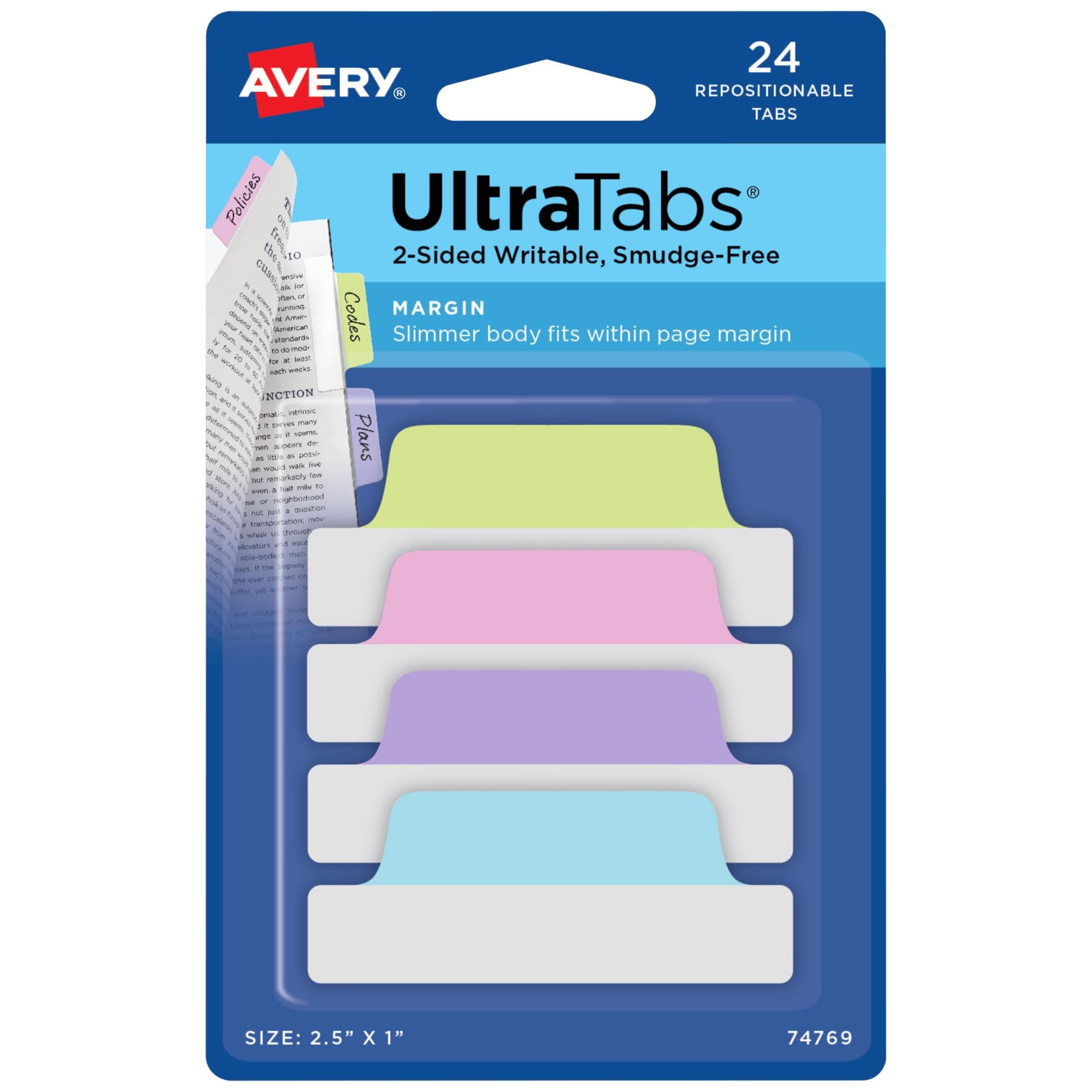 Avery Margin Ultra Tabs, 2.5" x 1", 24 Repositionable Tabs, Two-Side Writable, Pastel Blue/Pink/Purple (74769)