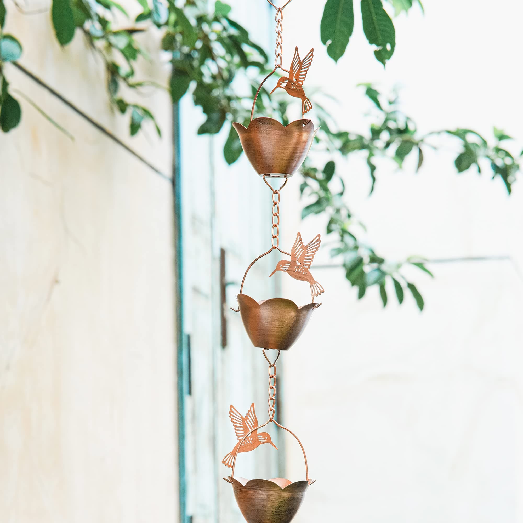 Topadorn 7.85 FT Rain Chains Decorative Iron Gutter Chain with 12 Rain Collector Cups with Hummingbird Petal Iron Flower Cups Garden Decorative