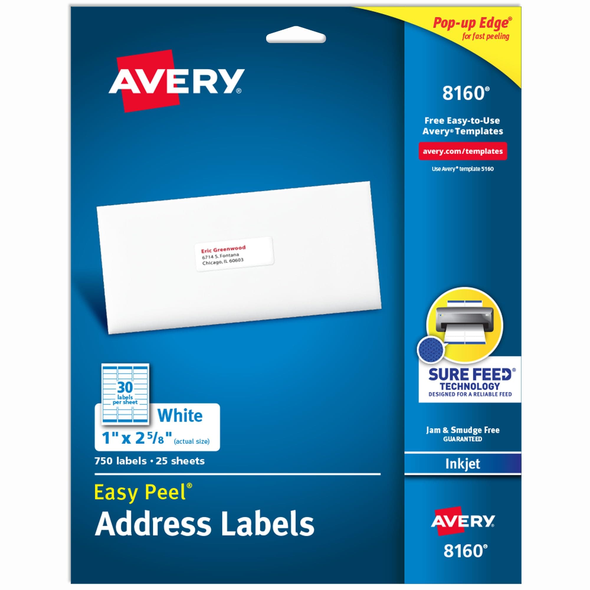 Avery : Easy Peel Address Labels for Inkjet Printer, 1 x 2-5/8, White, 750 per Pack -:- Sold as 2 Packs of - 750 -/- Total of 1500 Each
