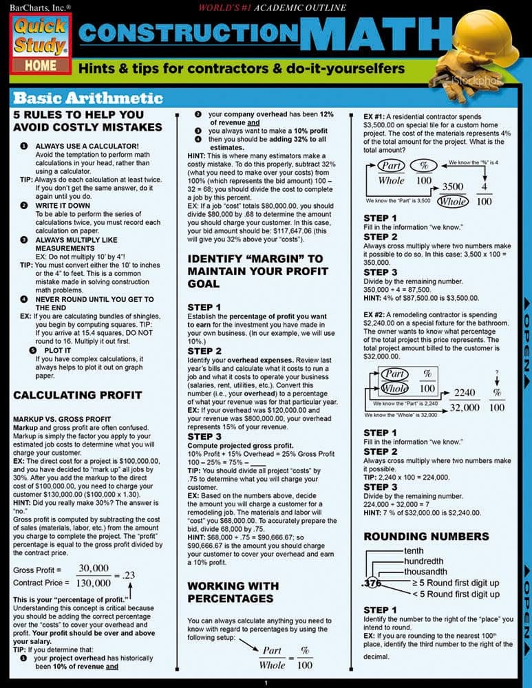 Construction Math QuickStudy Laminated Reference Guide Pamphlet – December 31, 2009