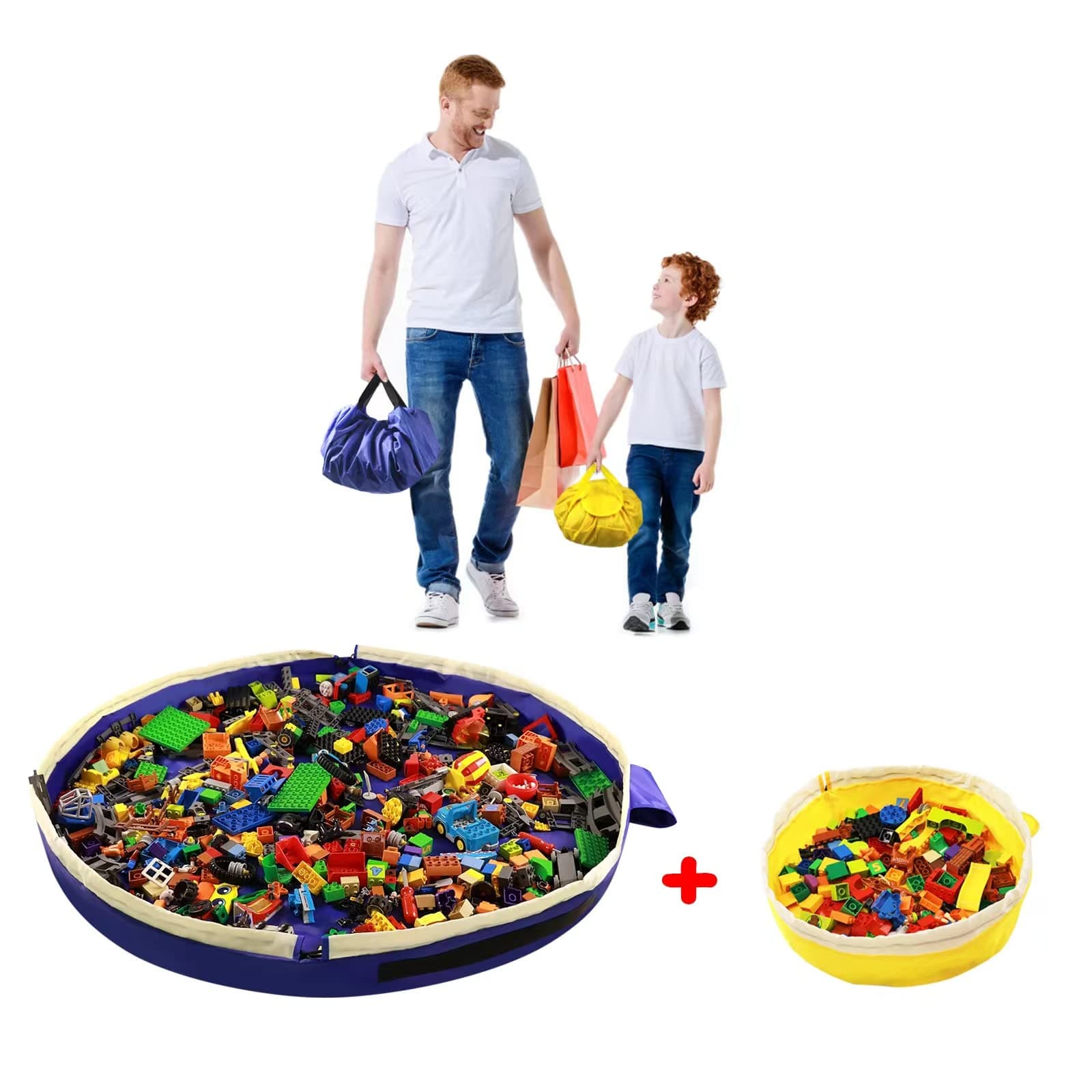 Toy Storage Mat Bag by Drawstring for Lego - Play Mat Bag Toy Storage Container for Kids with Cap can as Gift (2Pcs = Big Blue + Mini Yellow)