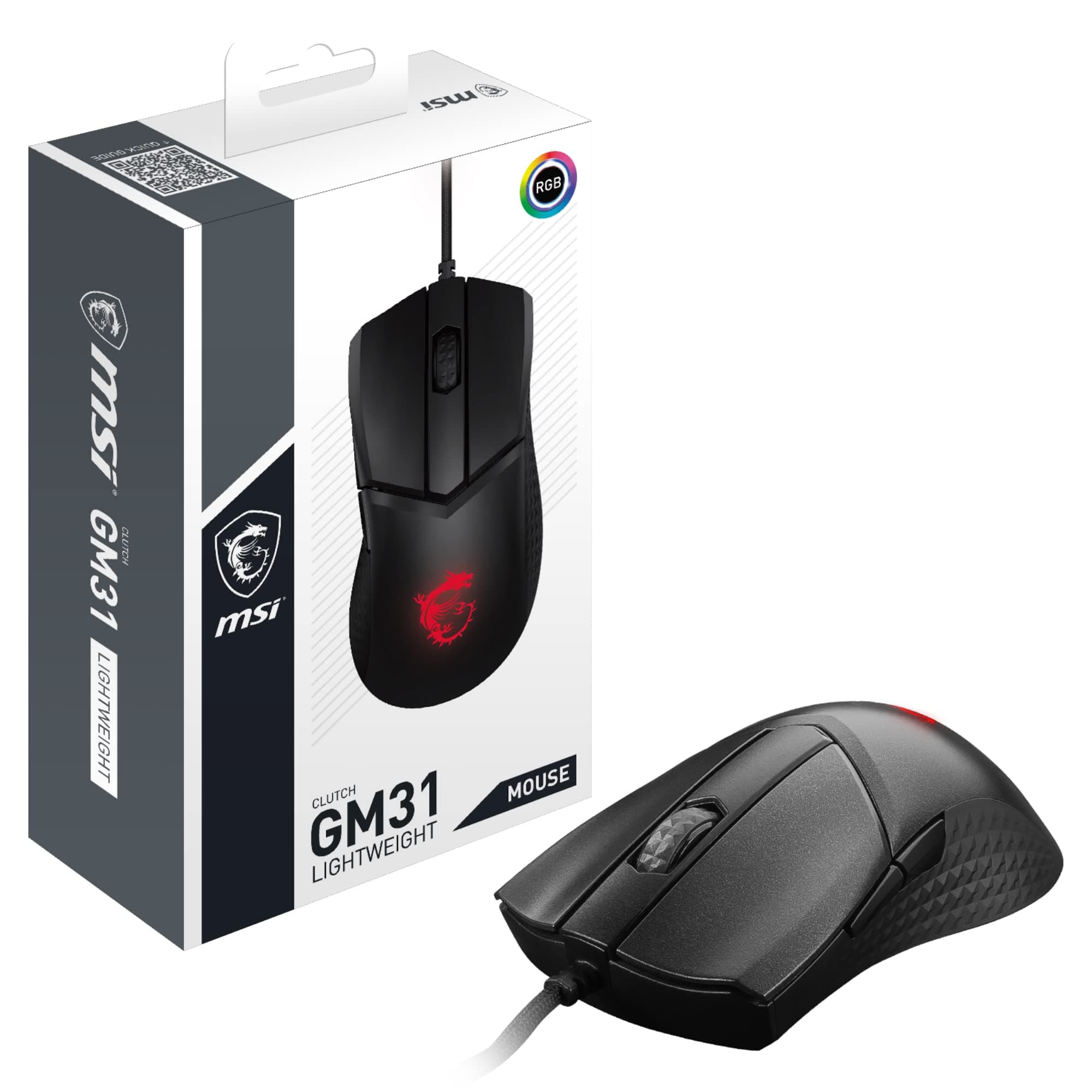 MSI CLUTCH GM31 LIGHTWEIGHT Gaming Mouse - 12000 DPI Optical Sensor, Right-Handed, 60M+ Click OMRON Switches, 6-Buttons, FriXionFree Cable, 1ms Latency, RGB Mystic Light, 58g - Wired