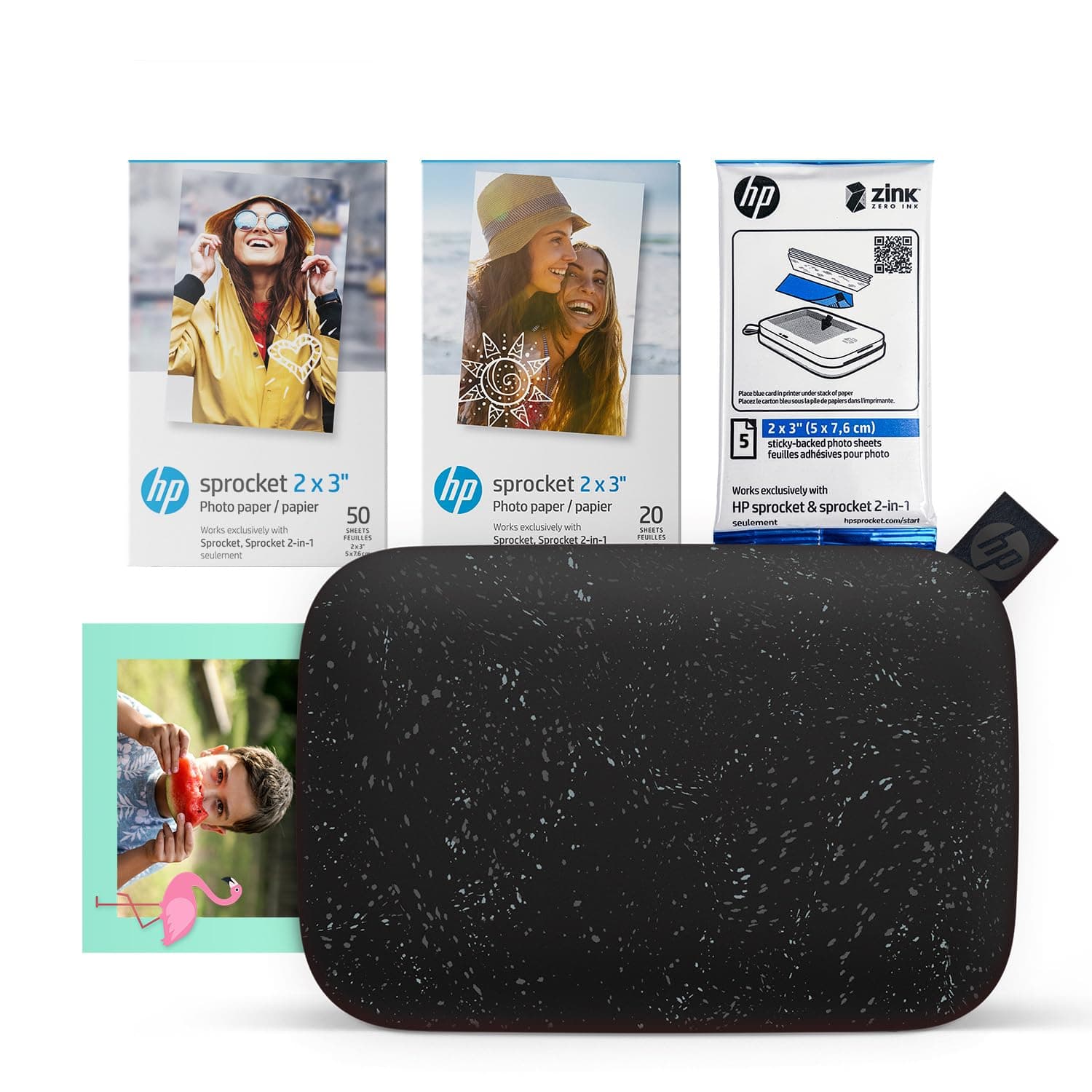HP Sprocket 2x3 Instant Smartphone Photo Printer 75 Sheets Bundle - Bluetooth Portable Color Wireless Mobile Printer (Black) Zink Sticky-Back Photos
