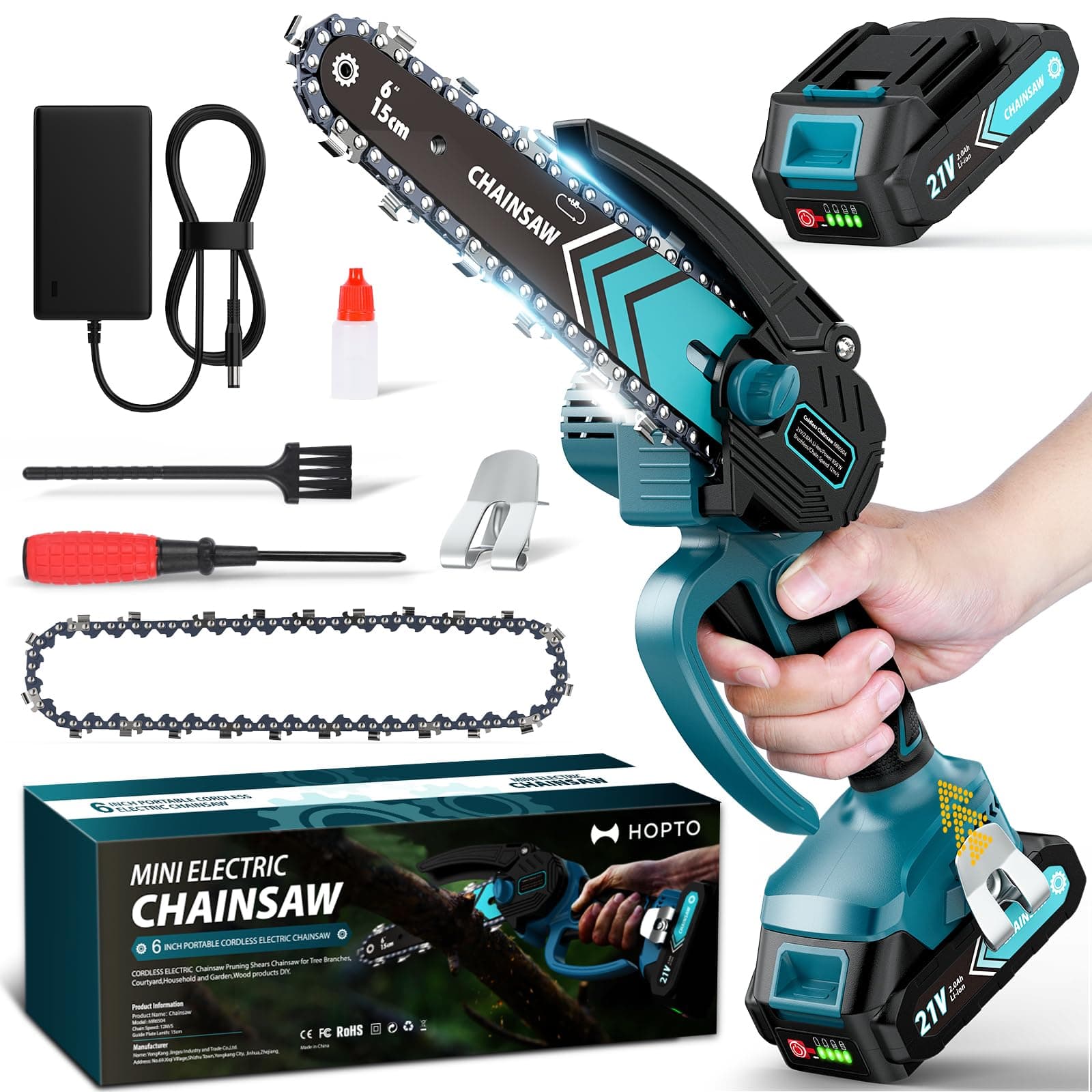 Chainsaw 6-Inch 1 Pack 2000mAh Battery Hand Mini Chain Saw Birthday Christmas Gifts for Men Portable Cordless for Wood Cutting Tree Trimming Projects Gardening Tools (Blue-1 Battery)