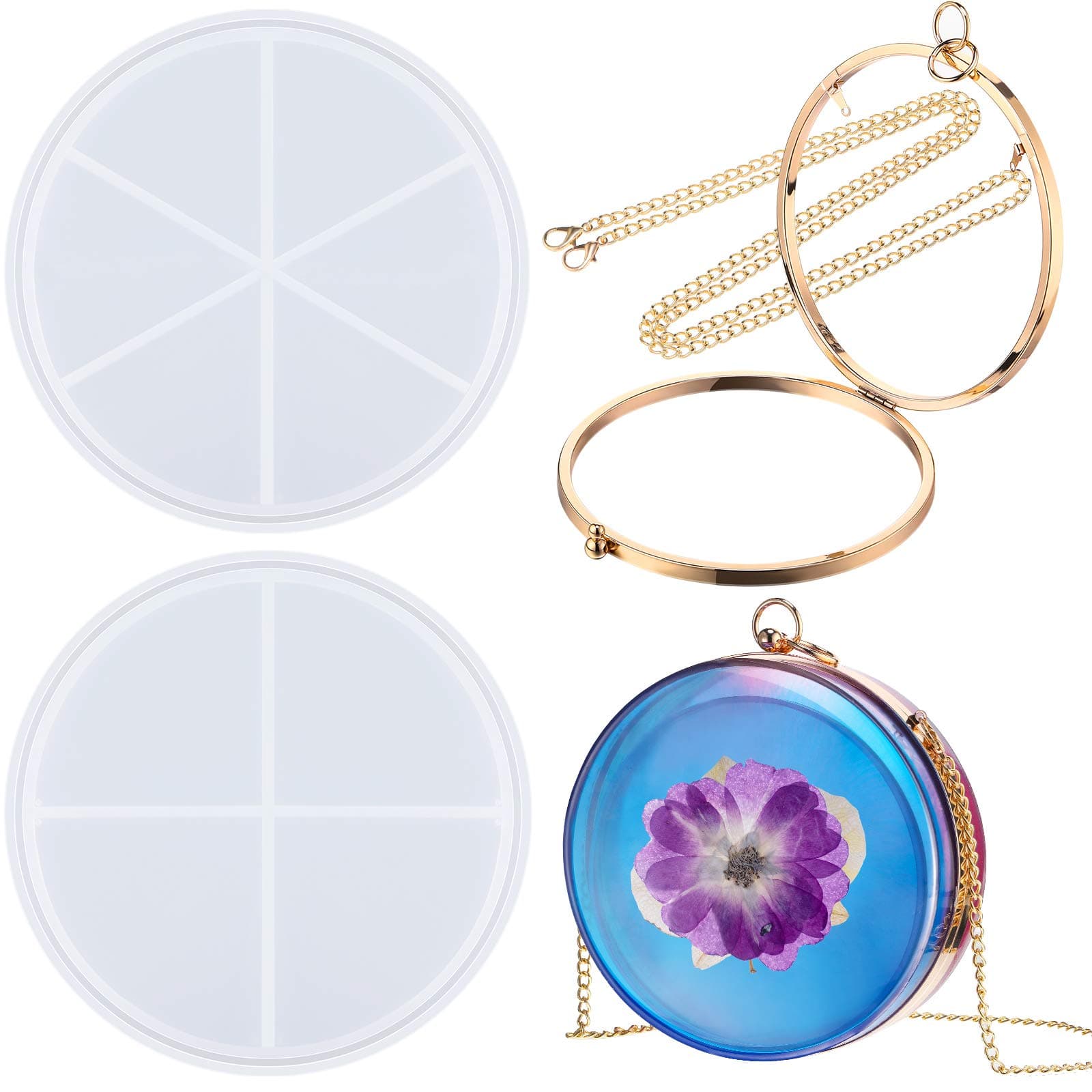 Shaker Clutch Silicone Mold Set - Round Bag Making Mold, Dynamic Liquid Quicksand Resin Kit With Findings for DIY Handmade Craft Supplies, 4 Pieces