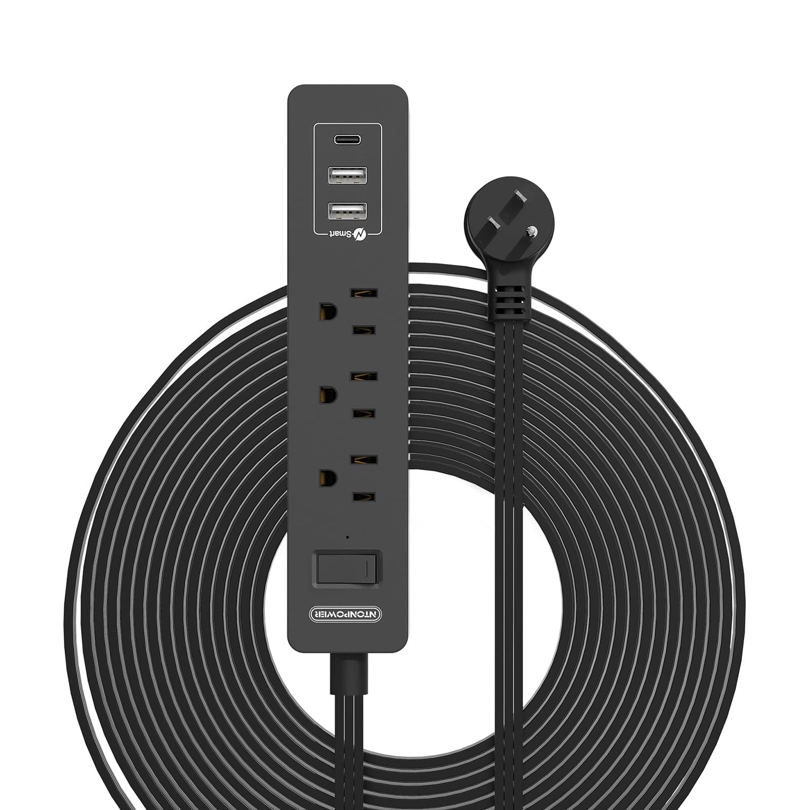 NTONPOWER Flat Extension Cord 15 Ft, Ultra Thin Under Carpet, Rug, Door, Wall Mount Power Strip Plug with 4 Outlets 2 USB, Overload Protection for Indoor Home Office, Black