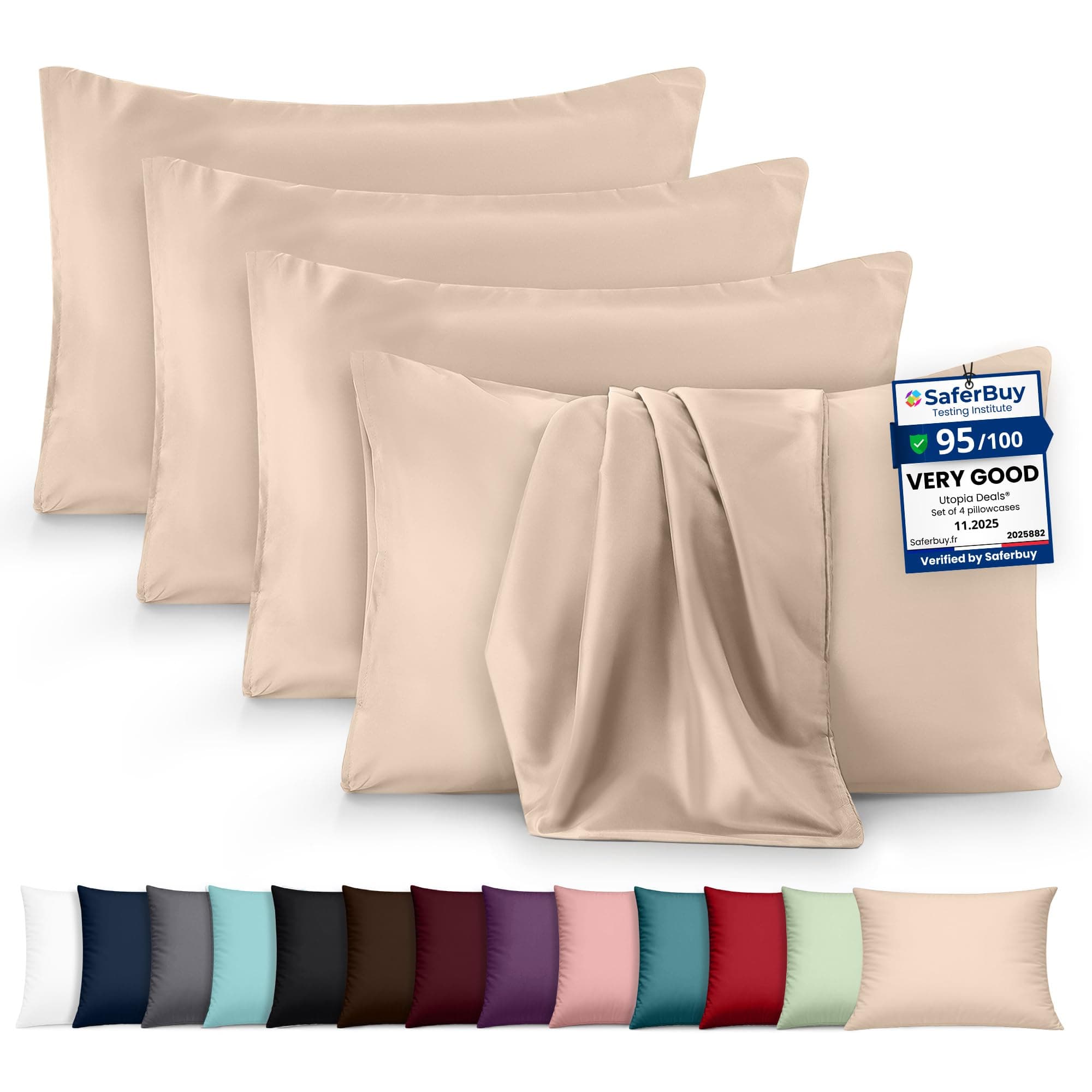 Utopia Bedding - 4 Pack Pillow Cases - OEKO-TEX - Standard Size 50x75 cm - 100% Brushed Microfiber Pillowcases with Envelope Closure, pillows not included - Wrinkle, Fade, & Stain Resistant - Beige