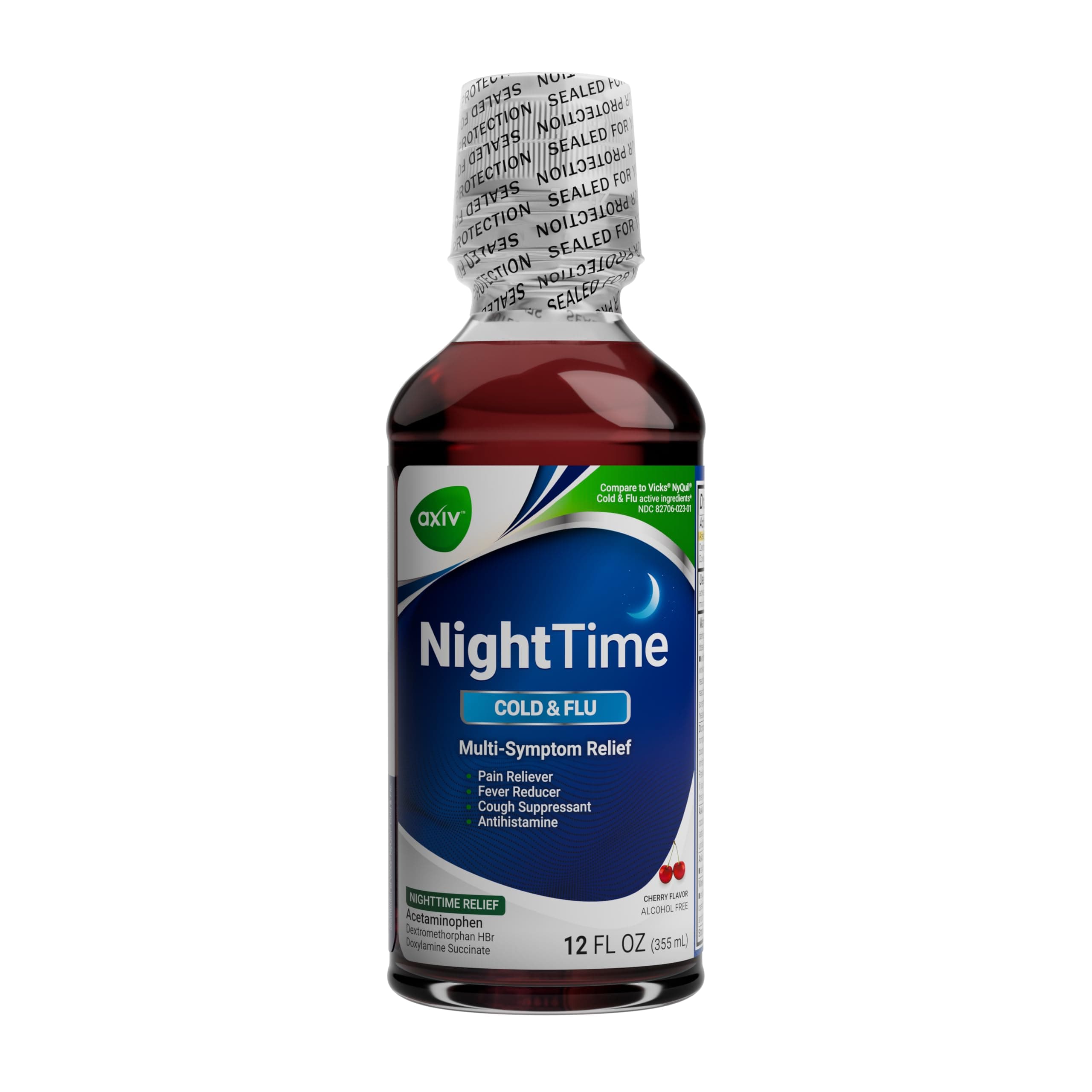 - Nighttime Cold and Flu Relief Liquid Medicine, Multi-Symptom Relief, Pain Reliever, Fever Reducer, Cough Suppressant, Cherry Flavor, 12 fl. oz.