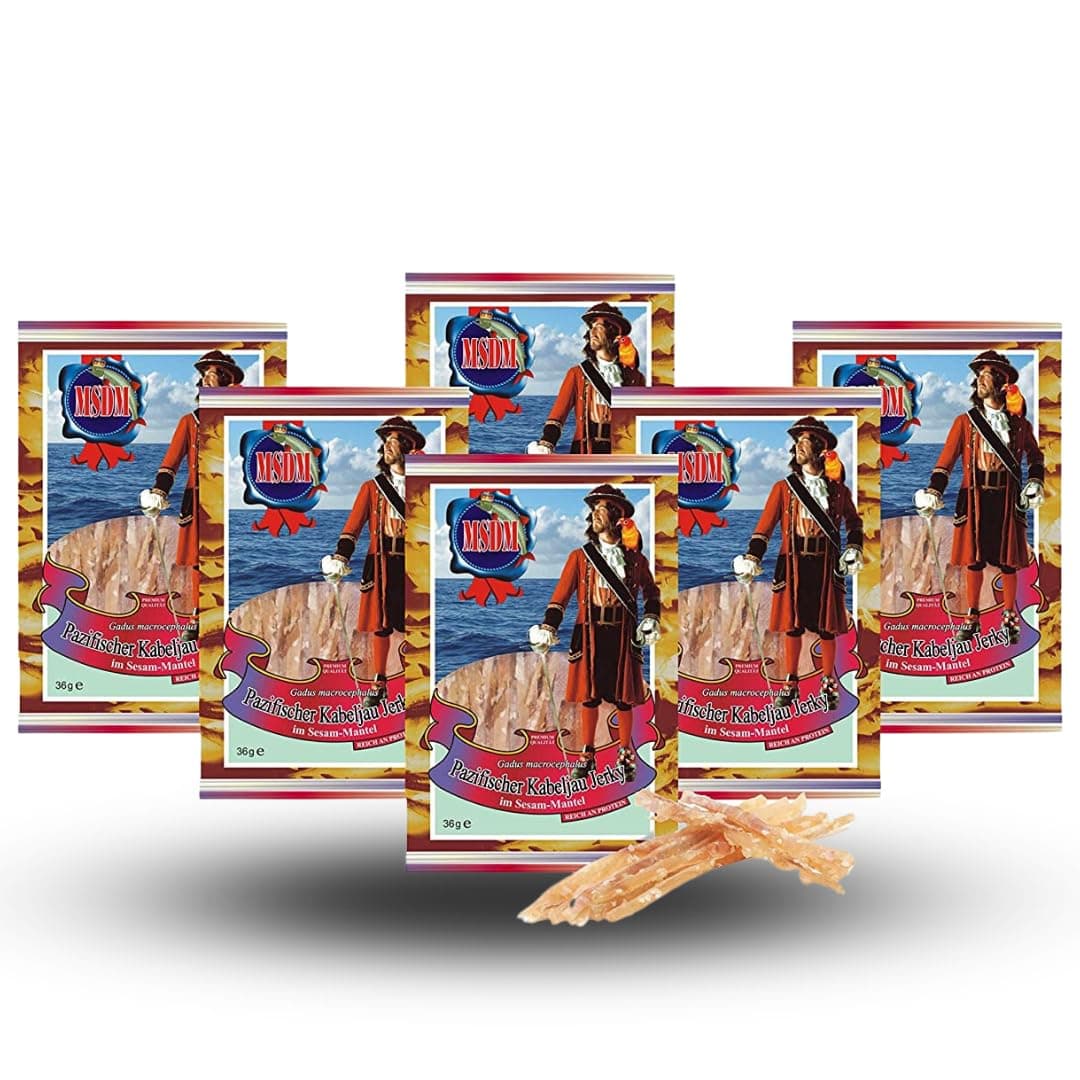 Pacific Cod Fish Jerky - with Sesame Seeds (6 x 36g) I Dried and Salted I Healthy Pre & Post Workout Fitness Snack I Low in Carbs and Fat I Rich in Protein & Omega 3 Fatty acids for Men & Women