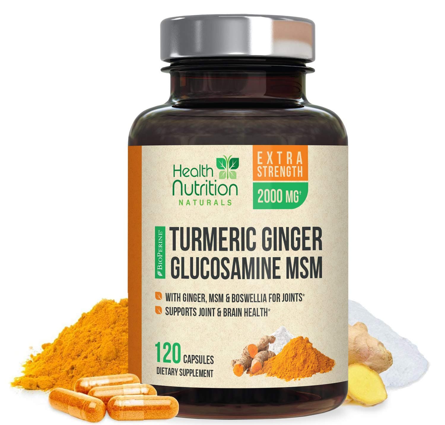 Turmeric Curcumin with Ginger, Glucosamine, MSM for Joint Support, 95% Curcuminoids, & BioPerine for Better Absorption - 2000mg Supplement Made in USA, Natural Immune Support - 120 Capsules