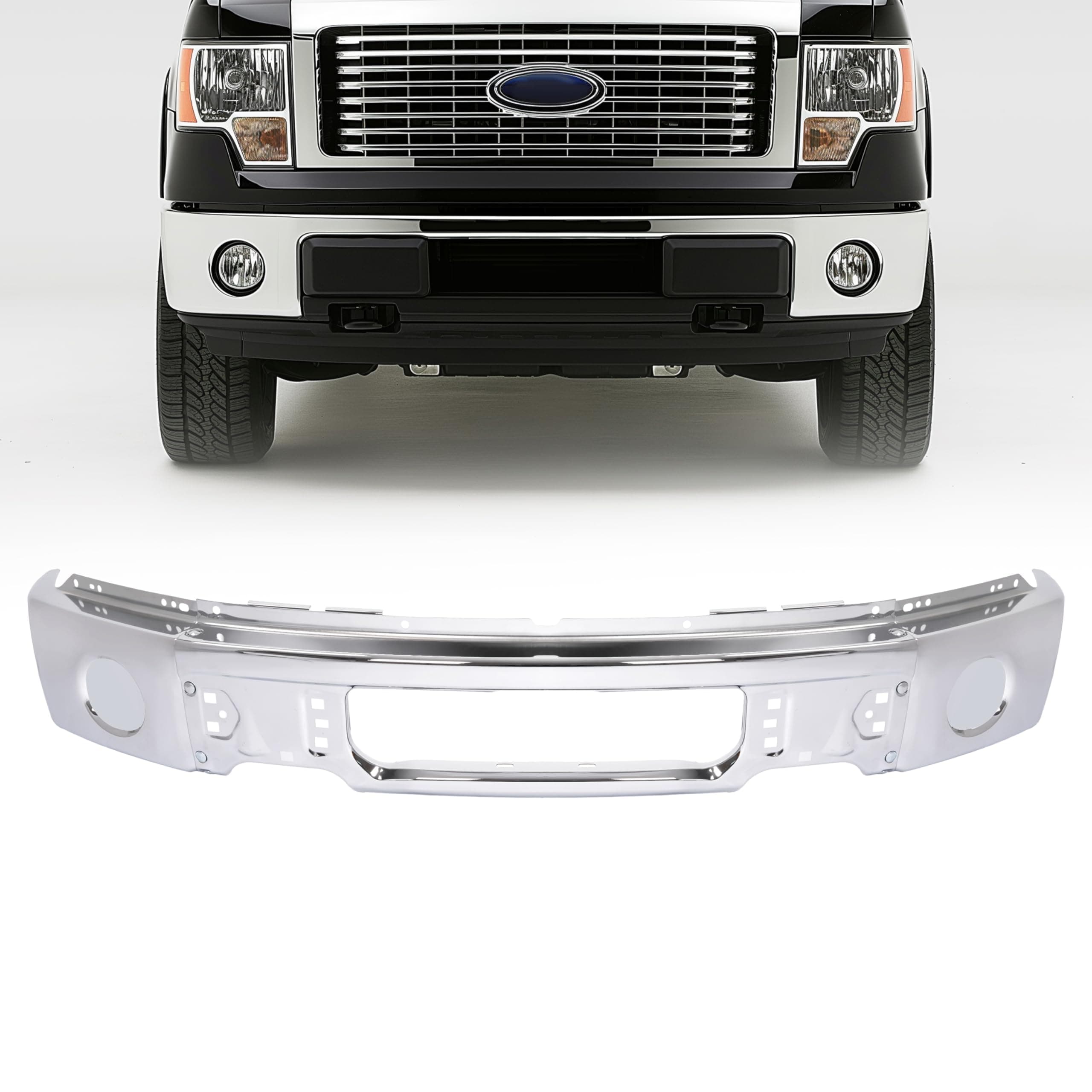 KUAFU Front Bumper Face Bar Compatible with 2009-2014 Ford F150 F-150 W/O Fog Light Holes Replacement for 9L3Z17757A FO1002412 Chrome Steel Silvery 3Pcs