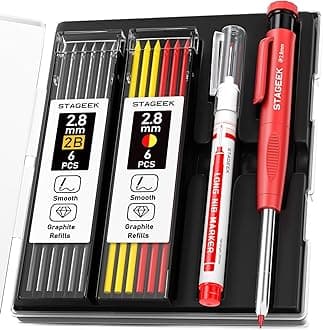 Carpenter Pencils Set with Sharpener, Heavy Duty Woodworking Tools with 13 Refills (Red, Black, Yellow), Construction Pencil and Deep Hole Long Nib Marker Pen for Architect Marking with Case