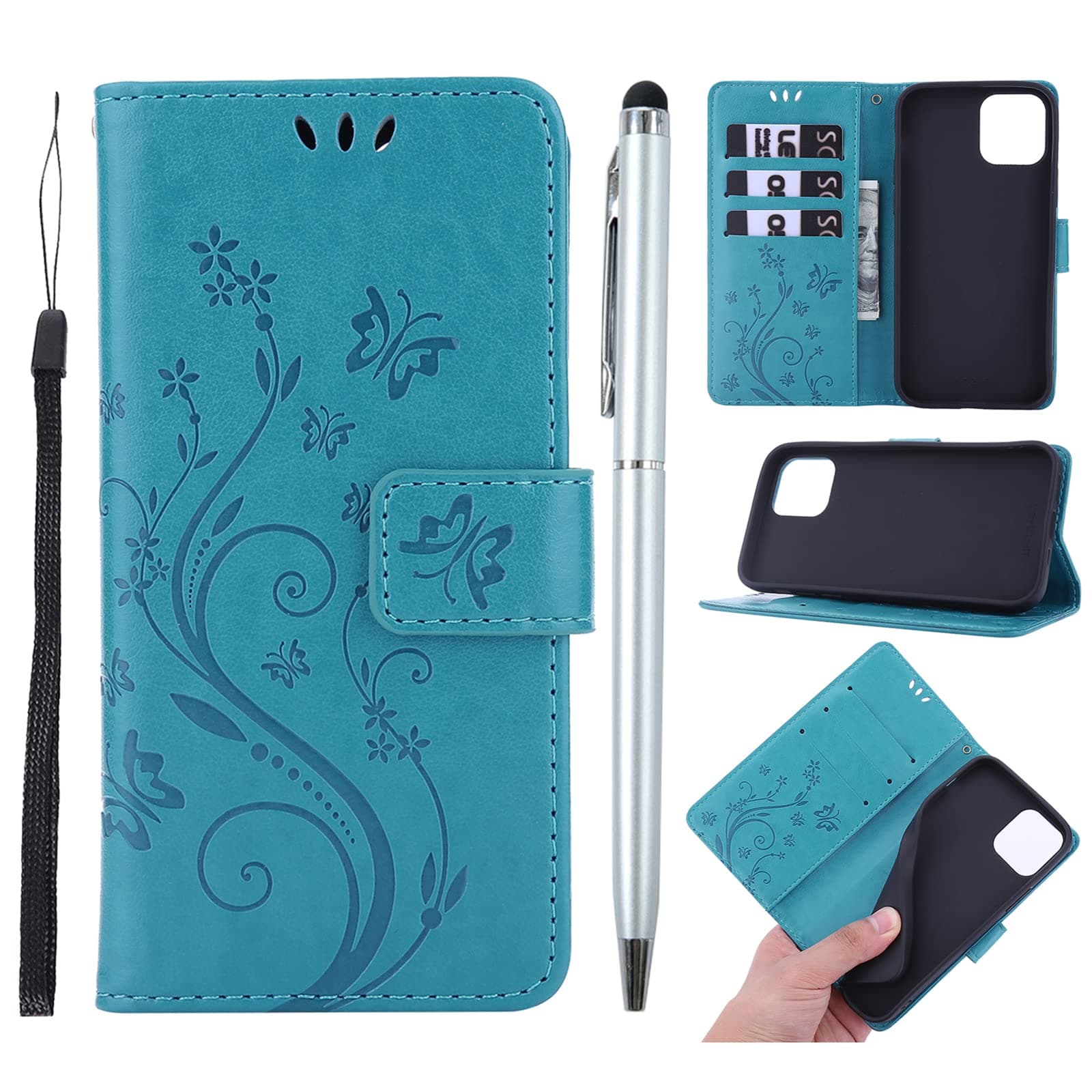 Phone Case for iPhone 13 mini, Premium PU Leather Flip Embossed Butterfly Case Shockproof Slim Protective Bumper Wallet Case for iPhone 13 mini with Kickstand Card Holder Lanyard & One Touch Pen